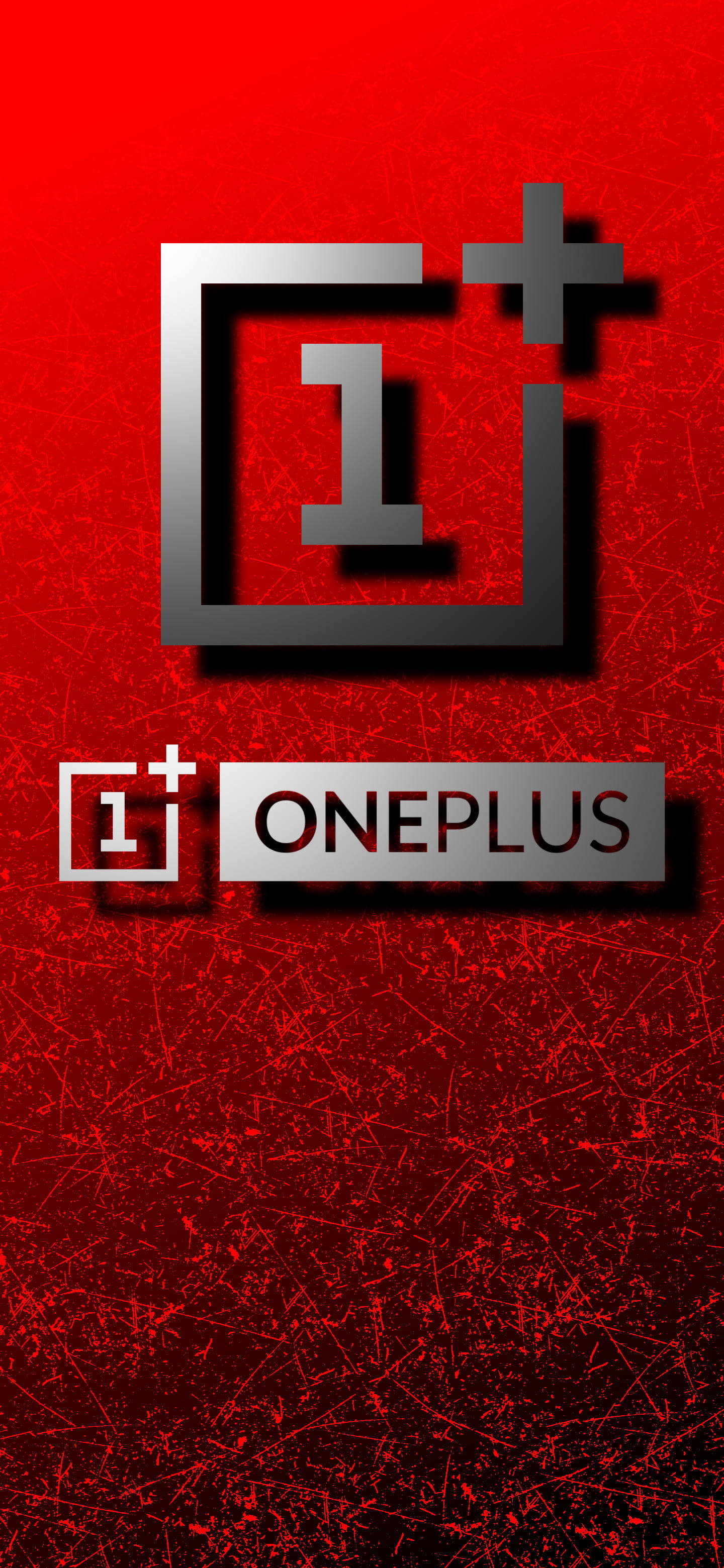 Logo 桌布 壁紙 — 一個大膽的OnePlus標誌以金屬銀色在帶有裂紋能量效果的紋理紅色背景上脫穎而出。