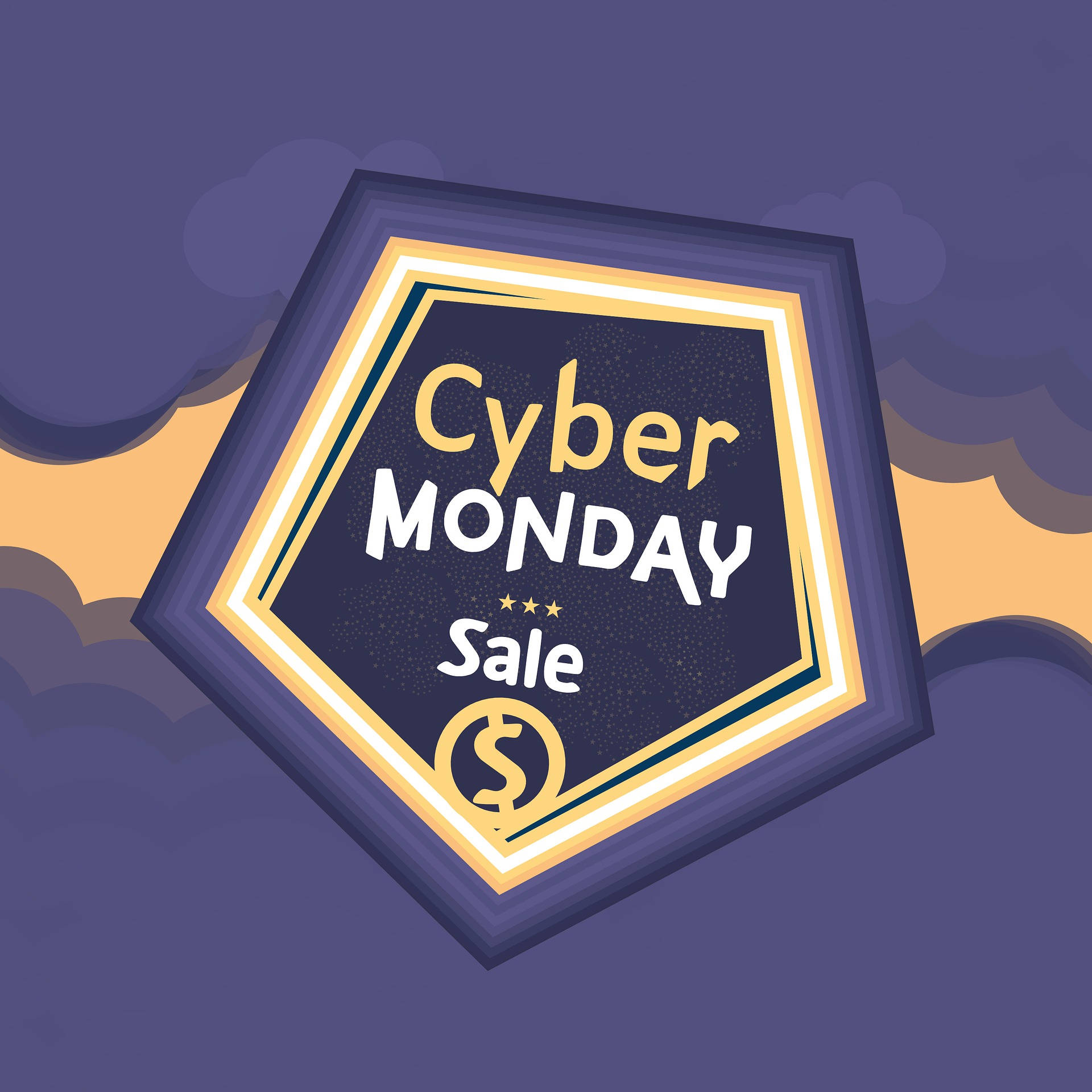 Shopping 桌布 壁紙 — 一個大膽的六邊形Cyber Monday促銷徽章，帶有金色和白色文字，漂浮在帶有橙色雲朵的紫色天空上。