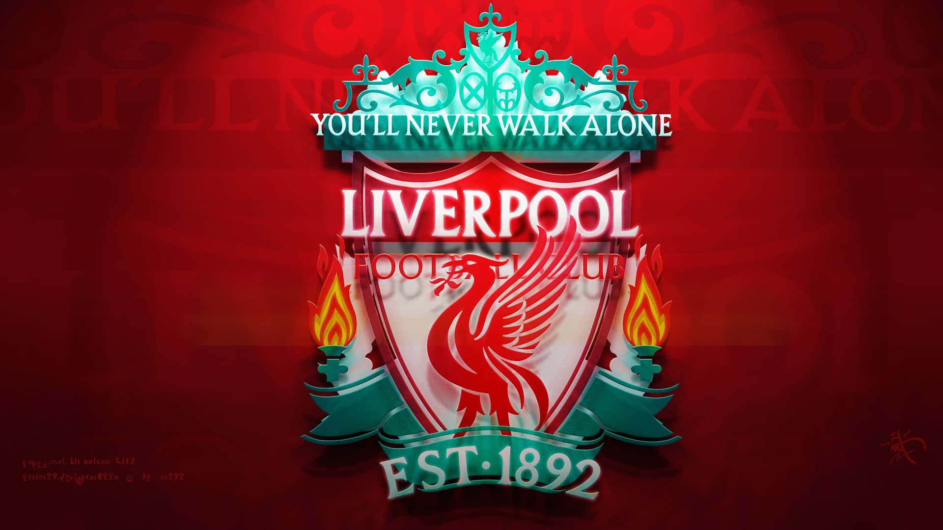 Liverpool 桌布 壁紙 — 一個大膽的利物浦足球會徽章，以深紅色背景襯托，中央有紅色利物鳥，兩側有火焰。