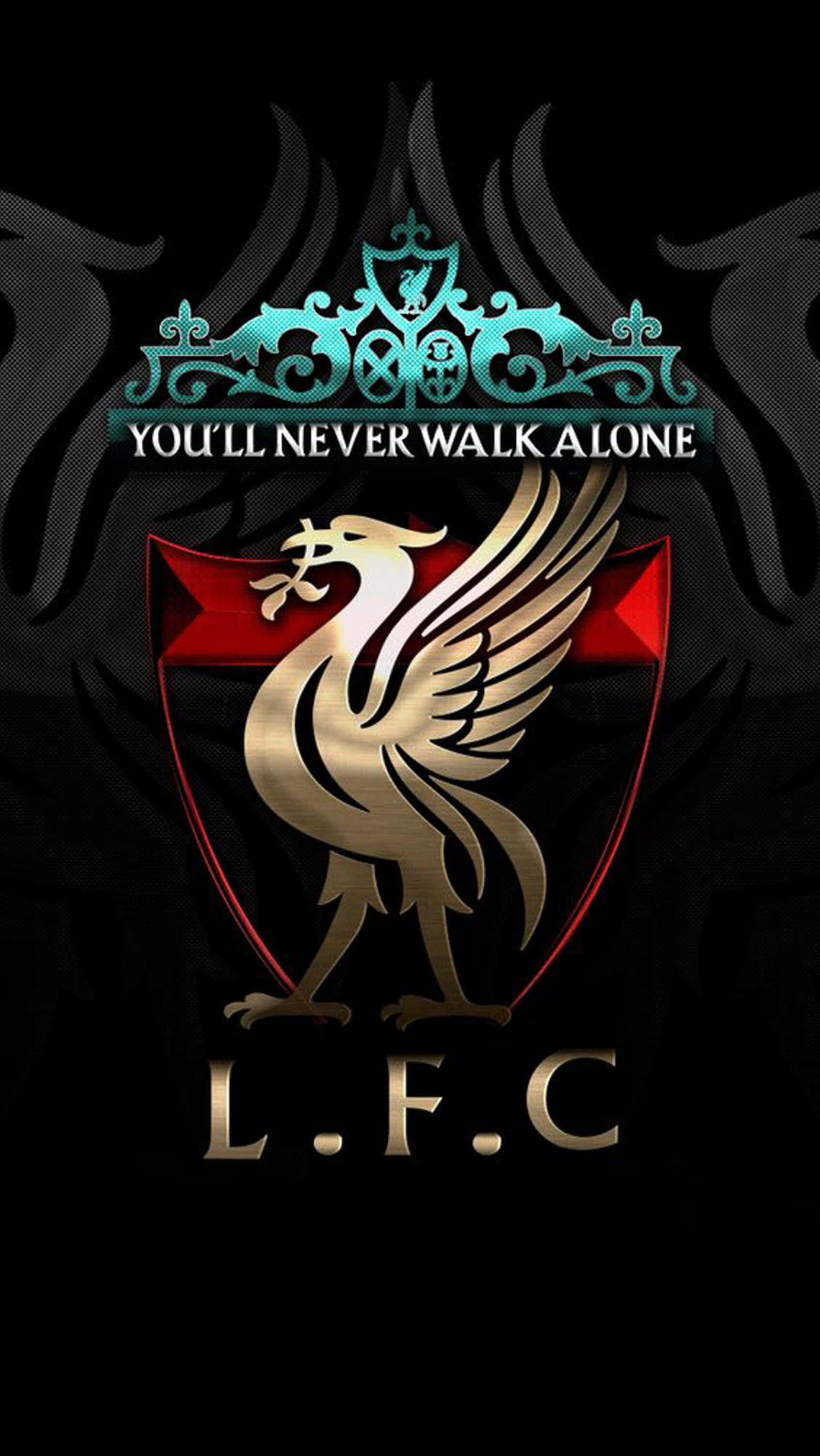 Liverpool Logo 桌布 壁紙 — 一個大膽的利物浦足球會徽章，紅色盾牌上有一隻金色的利物鳥，背景為黑色，帶有發光的青綠色點綴。
