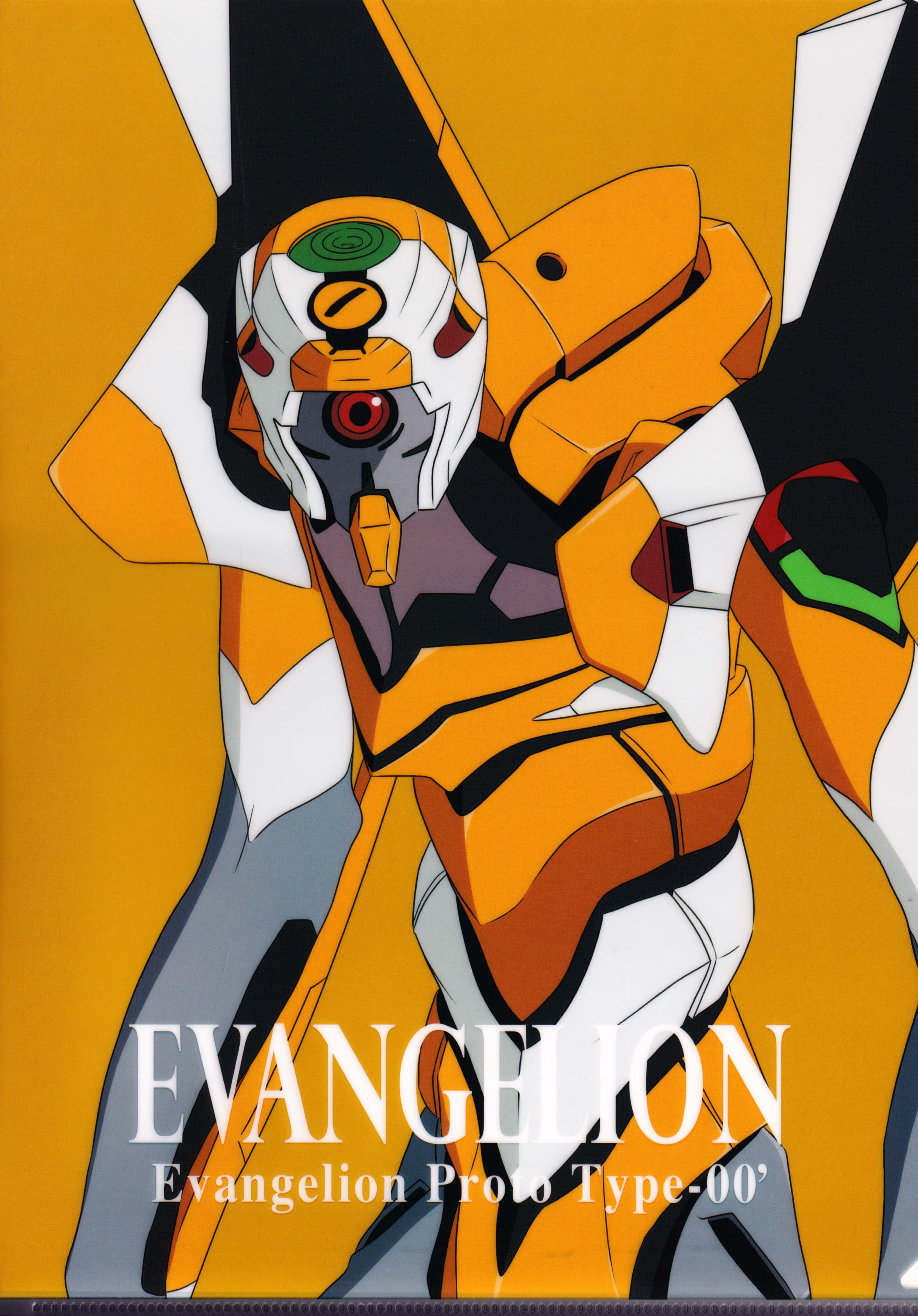 Eva-00 桌布 壁紙 — 一個大膽的動漫機甲，身穿橙色、白色和黑色裝甲，站在純黃色背景上，帶有「EVANGELION」文字。