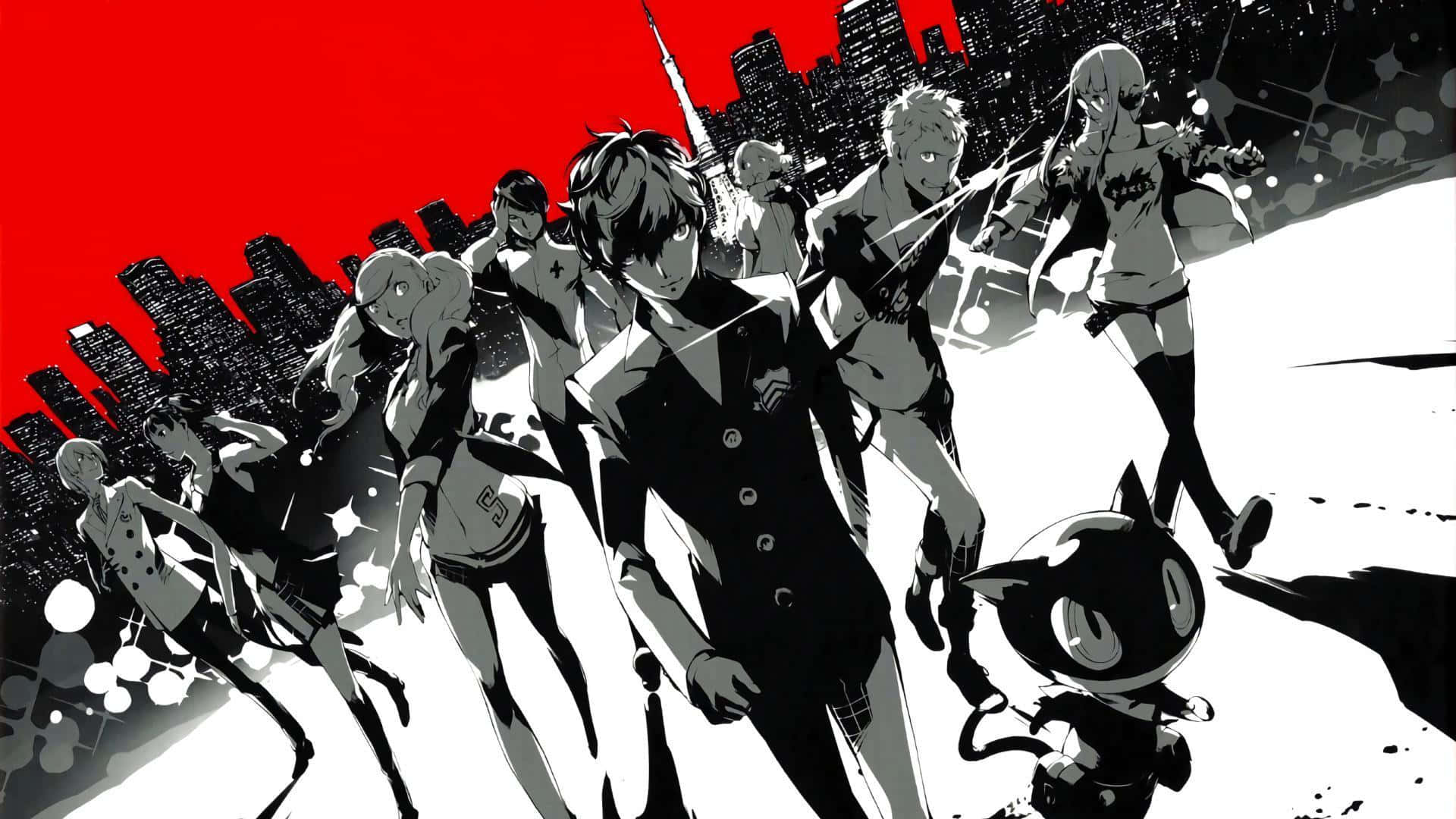 persona 桌布 壁紙 — 一個大膽的動漫群體在戲劇性的黑白燈光下，挑釁地站在鮮紅色的城市景觀前。