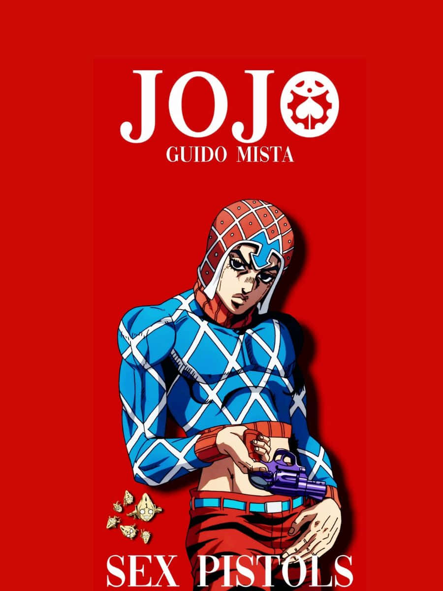 Guido Mista 桌布 壁紙 — 一個大膽的動漫角色穿著藍色鑽石圖案服裝，在鮮紅色背景前拿著紫色手槍。