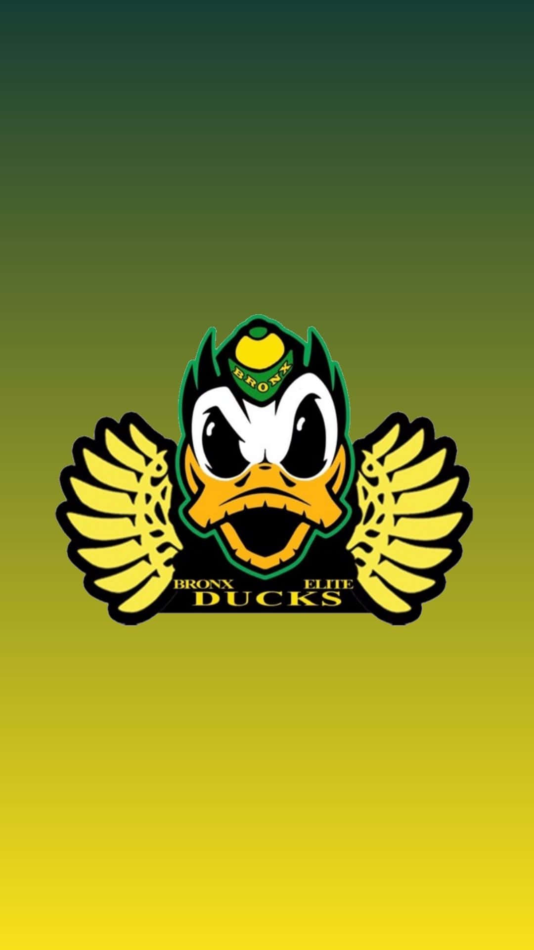 Oregon Ducks 桌布 壁紙 — 一個大膽的卡通鴨子吉祥物，有翅膀和帽子，背景是綠色到黃色的漸變色。