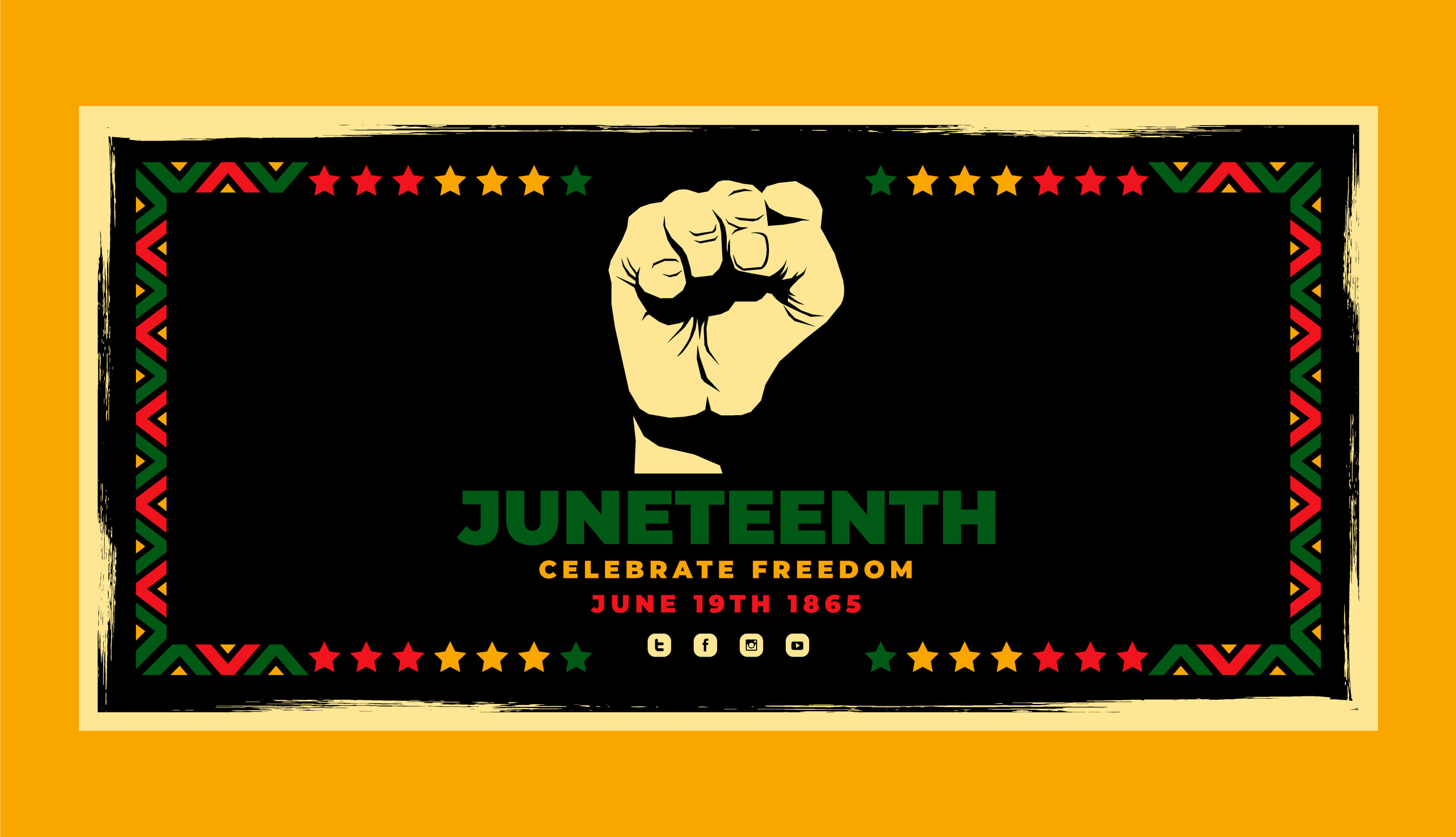 Juneteenth 桌布 壁紙 — 一個大膽的圖形，中央有一個舉起的拳頭，位於黑色背景上，周圍環繞著紅色、綠色和黃色的星星以及幾何圖案，並帶有慶祝六月節的文字。