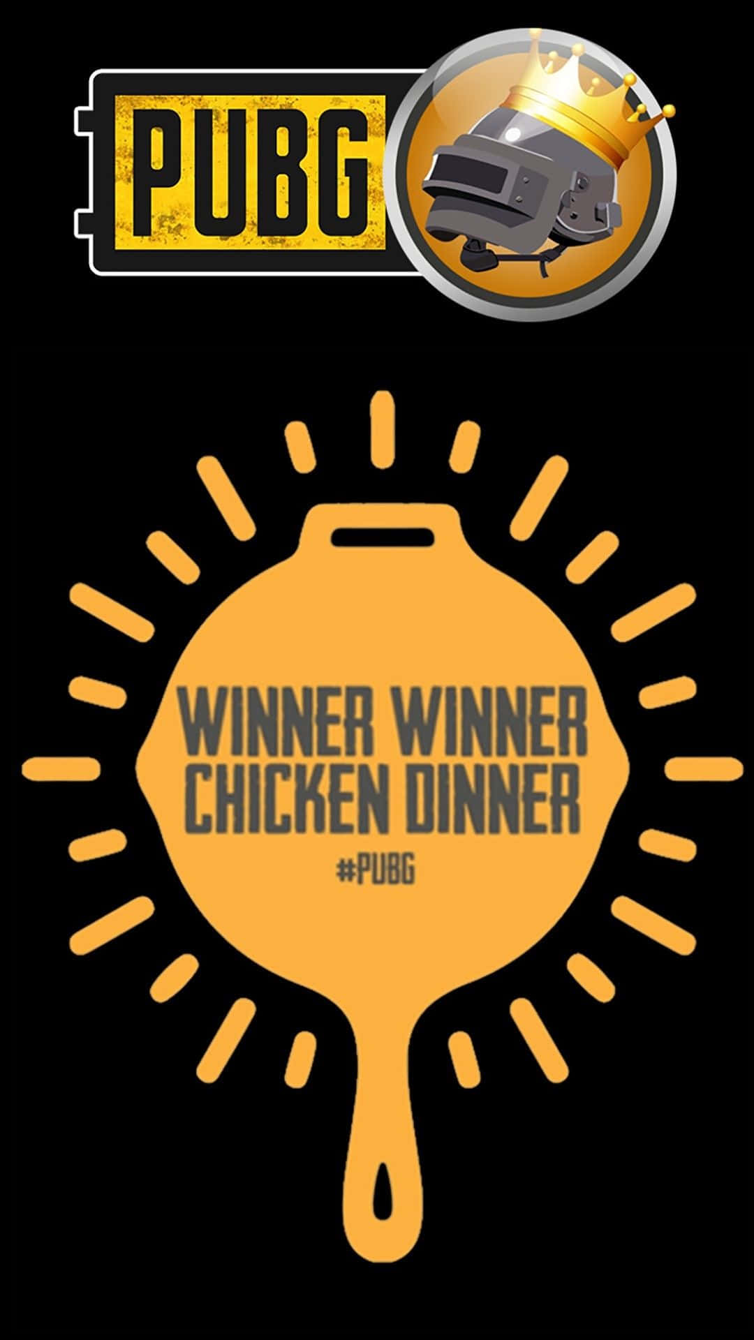 Pubg Logo 桌布 壁紙 — 一個大膽的圖形，包含金色煎鍋、'Winner Winner Chicken Dinner' 文字和帶皇冠的頭盔標誌，背景為黑色。