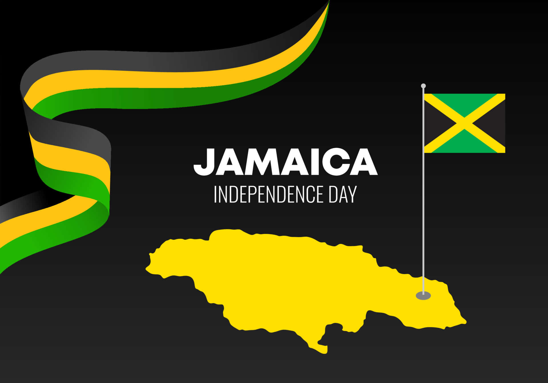 Jamaica 桌布 壁紙 — 一個大膽的圖形，慶祝牙買加獨立日，在深色背景上有一個飄揚的旗幟絲帶地圖和小旗幟。