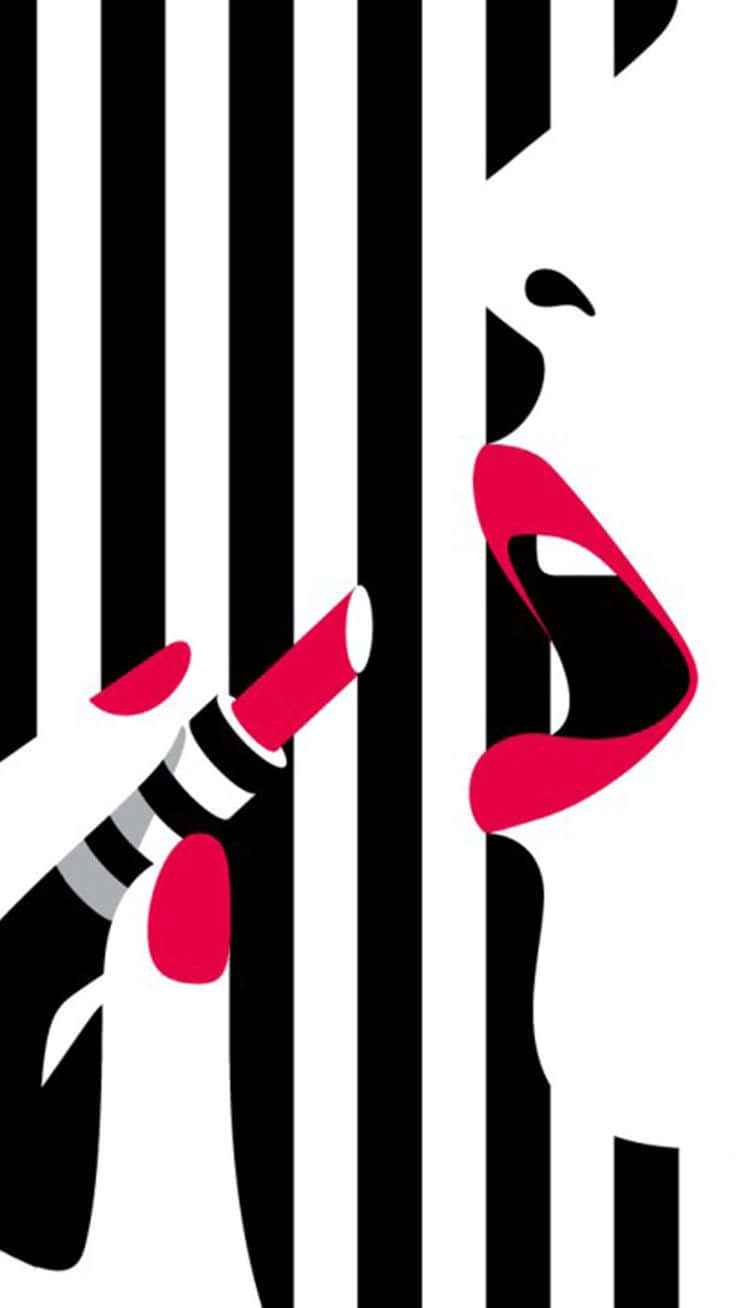 Cute Makeup 桌布 壁紙 — 一個大膽的圖形插圖，描繪一隻手拿著紅色唇膏，準備親吻一個風格化的紅色嘴唇，背景是黑白垂直條紋。
