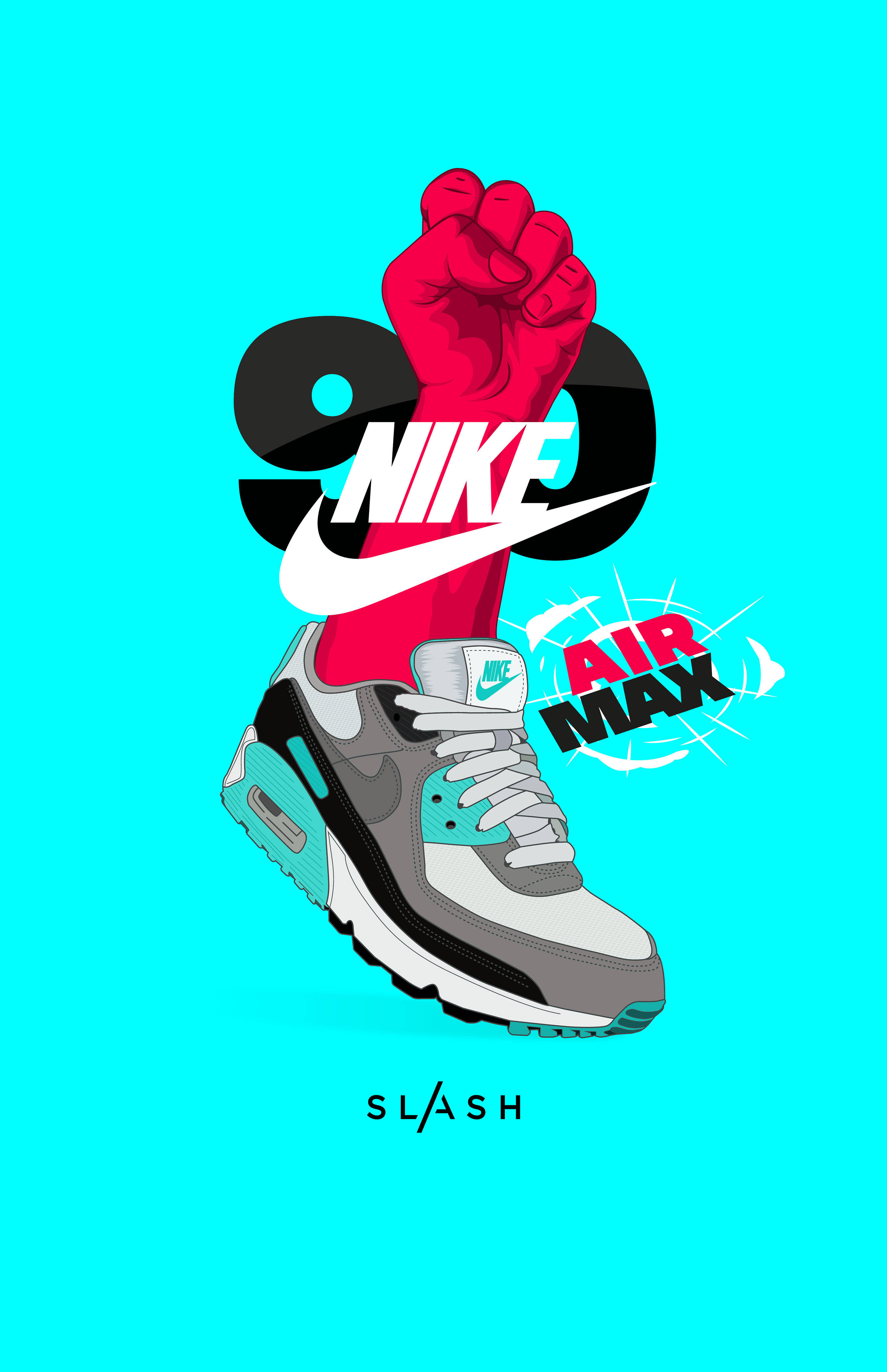 Nike 桌布 壁紙 — 一個大膽的圖形插圖，描繪了一隻Nike Air Max運動鞋，其標誌中伸出一隻紅色拳頭，背景是充滿活力的青色。