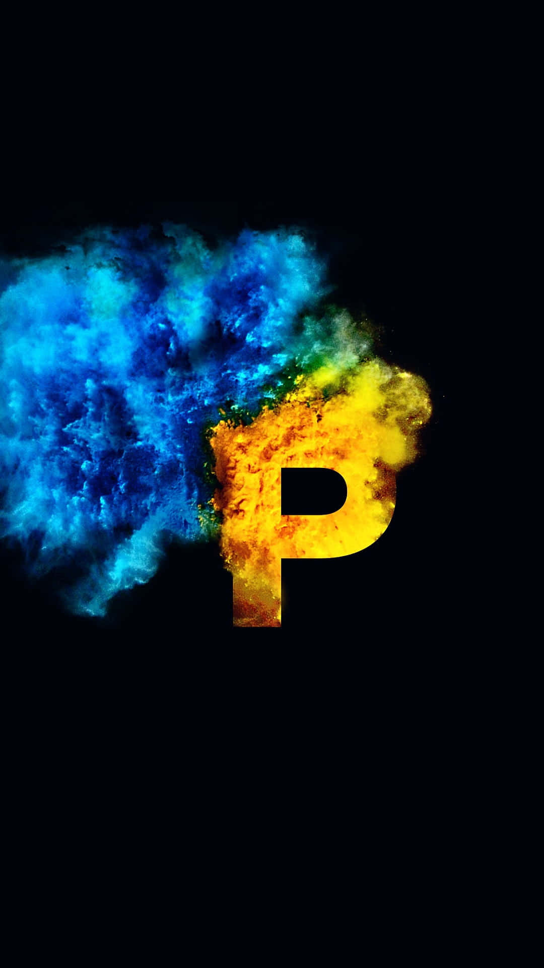 p 桌布 壁紙 — 一個大膽的字母P從藍色和黃色粉末的鮮豔爆炸中浮現，背景是純黑色。