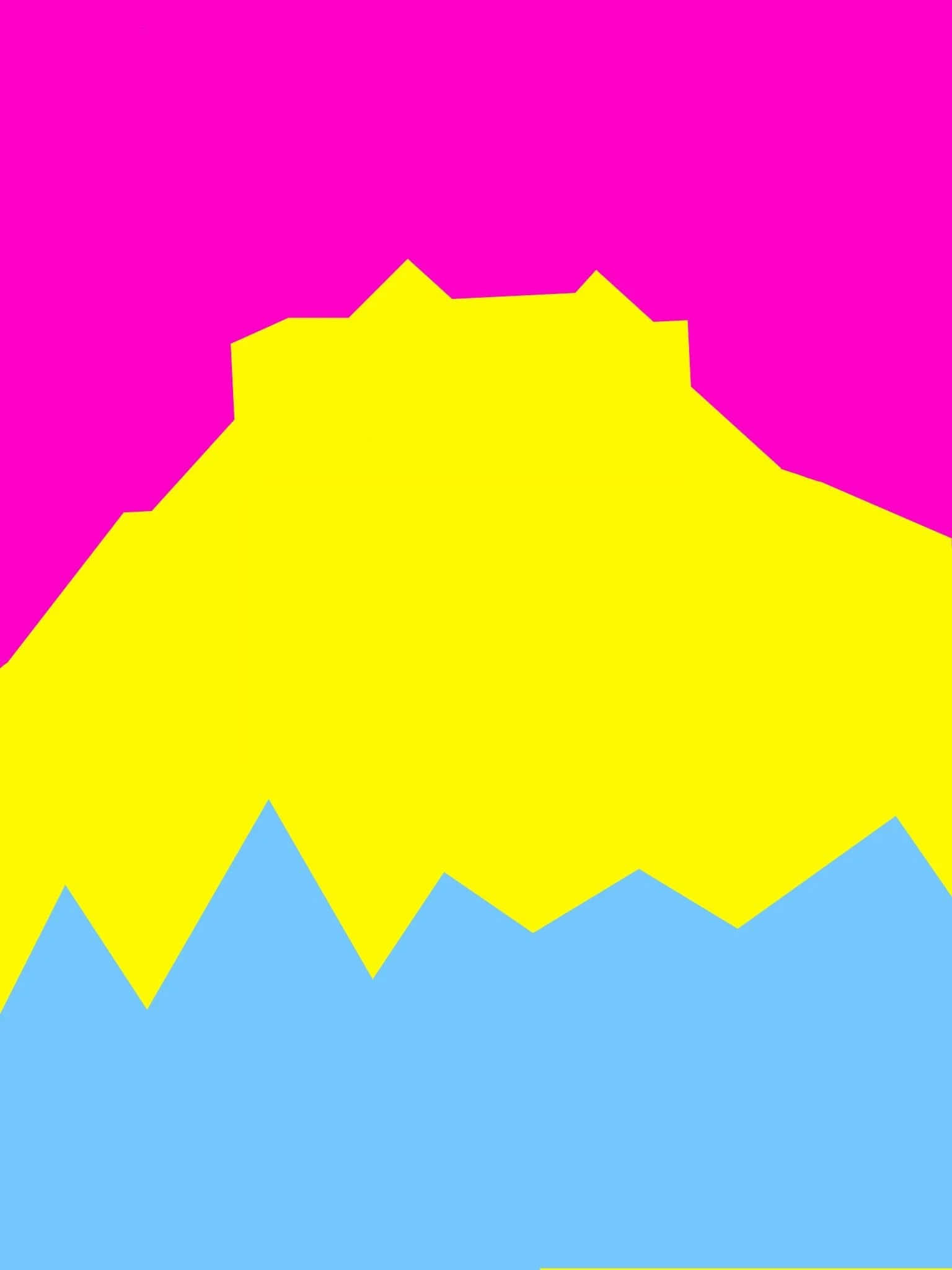 Pansexual 桌布 壁紙 — 一個大膽的幾何山脈剪影以黃色呈現，矗立在充滿活力的粉紅色天空下，上方是淺藍色的山谷。