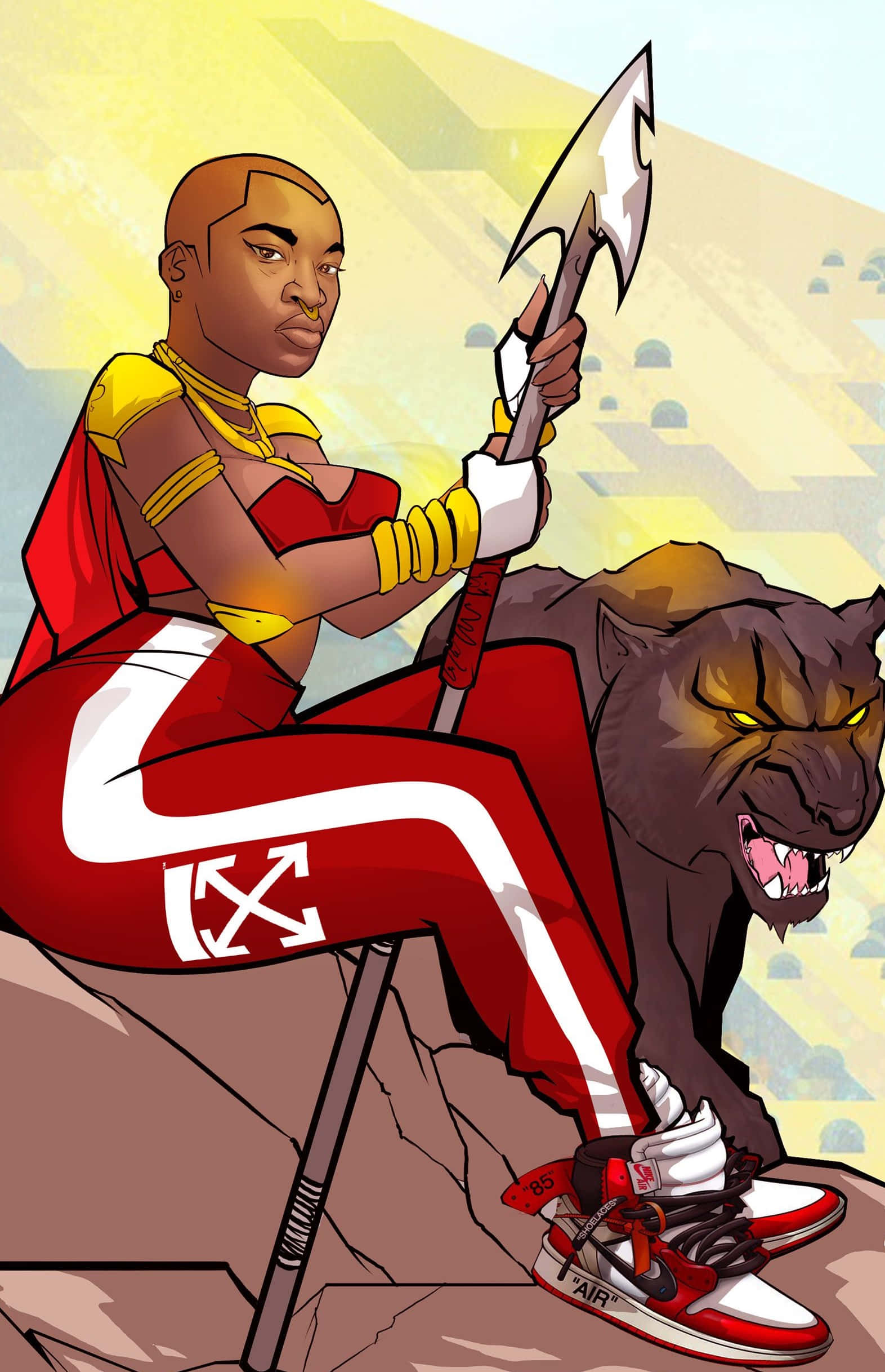 Dora Milaje 桌布 壁紙 — 一個大膽的插圖戰士穿著紅色和黃色的運動裝備，坐在岩石上，手持長矛，旁邊有一隻咆哮的黑豹。