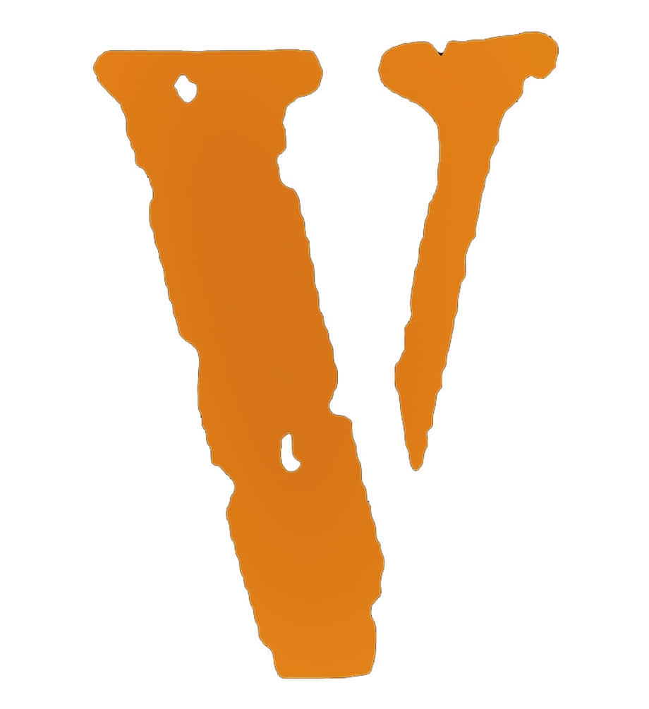 Vlone 桌布 壁紙 — 一個大膽的橙色字母V，帶有粗糙紋理邊緣和兩個小孔，置於純白色背景上。