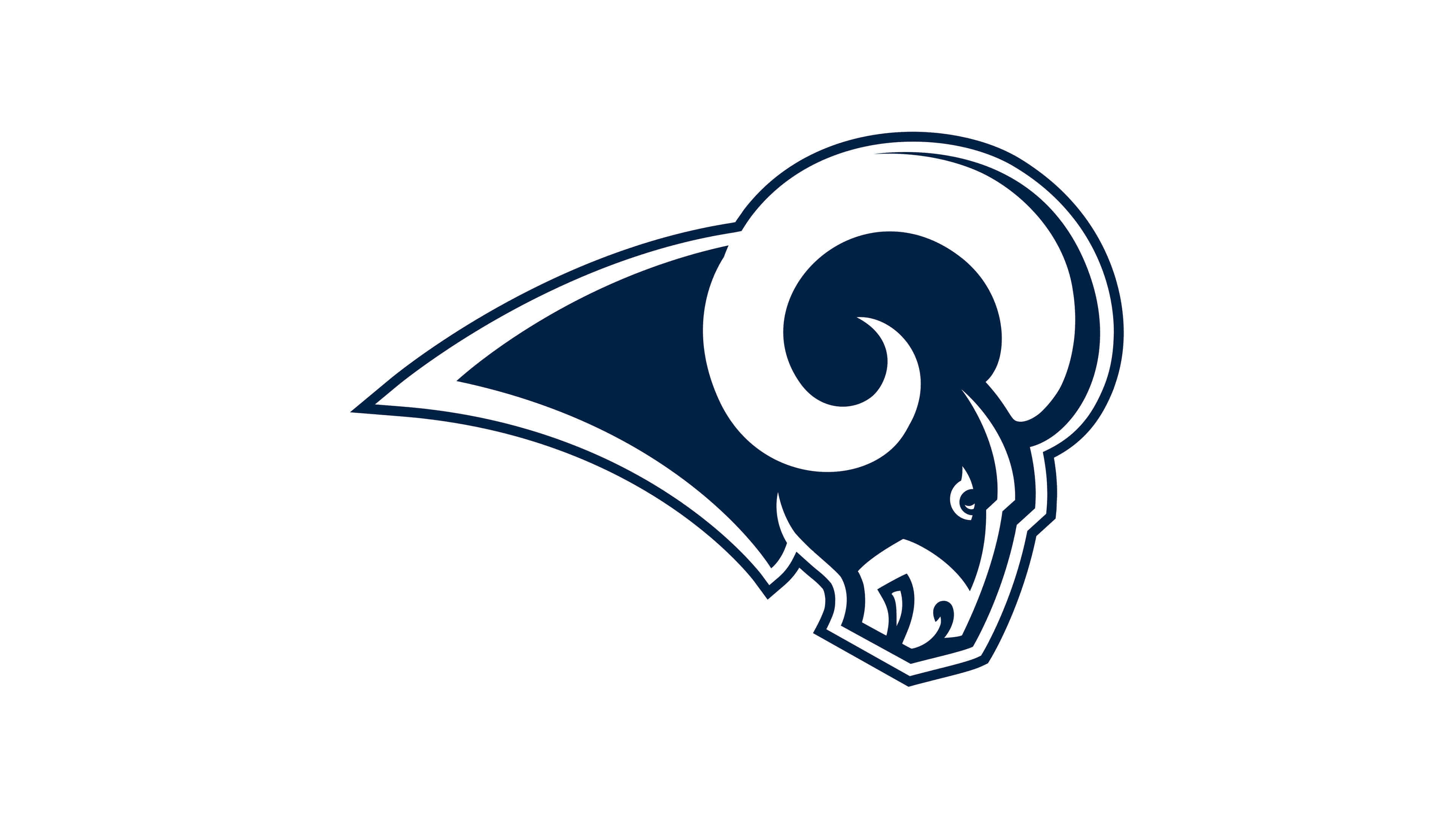 Rams 桌布 壁紙 — 一個大膽的深藍色和白色風格化的公羊頭標誌，帶有彎曲的角，在純白色背景上。