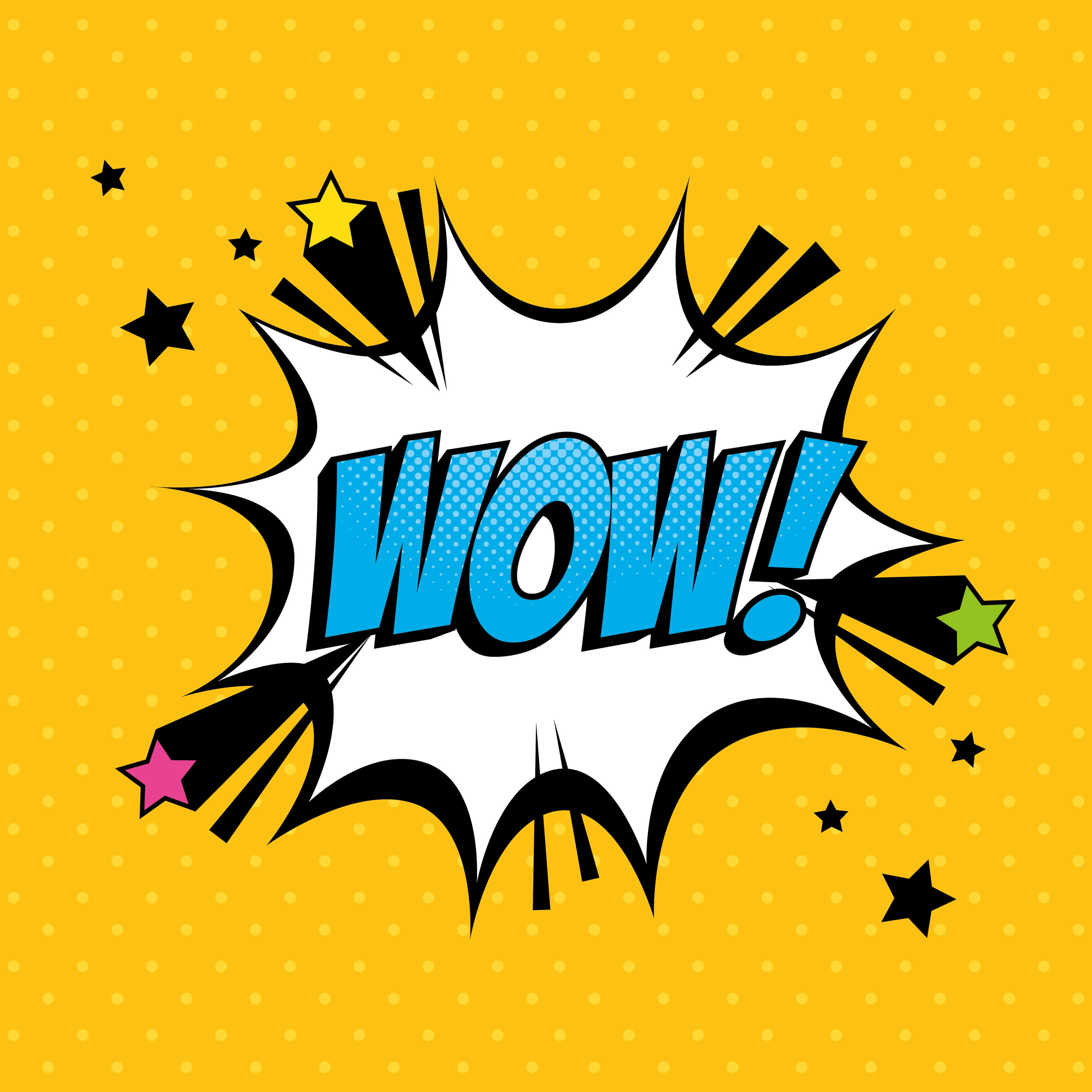 嘩 桌布 壁紙 — 一個大膽的漫畫風格爆炸圖案，藍色文字 'WOW!' 在黃色點點背景上。