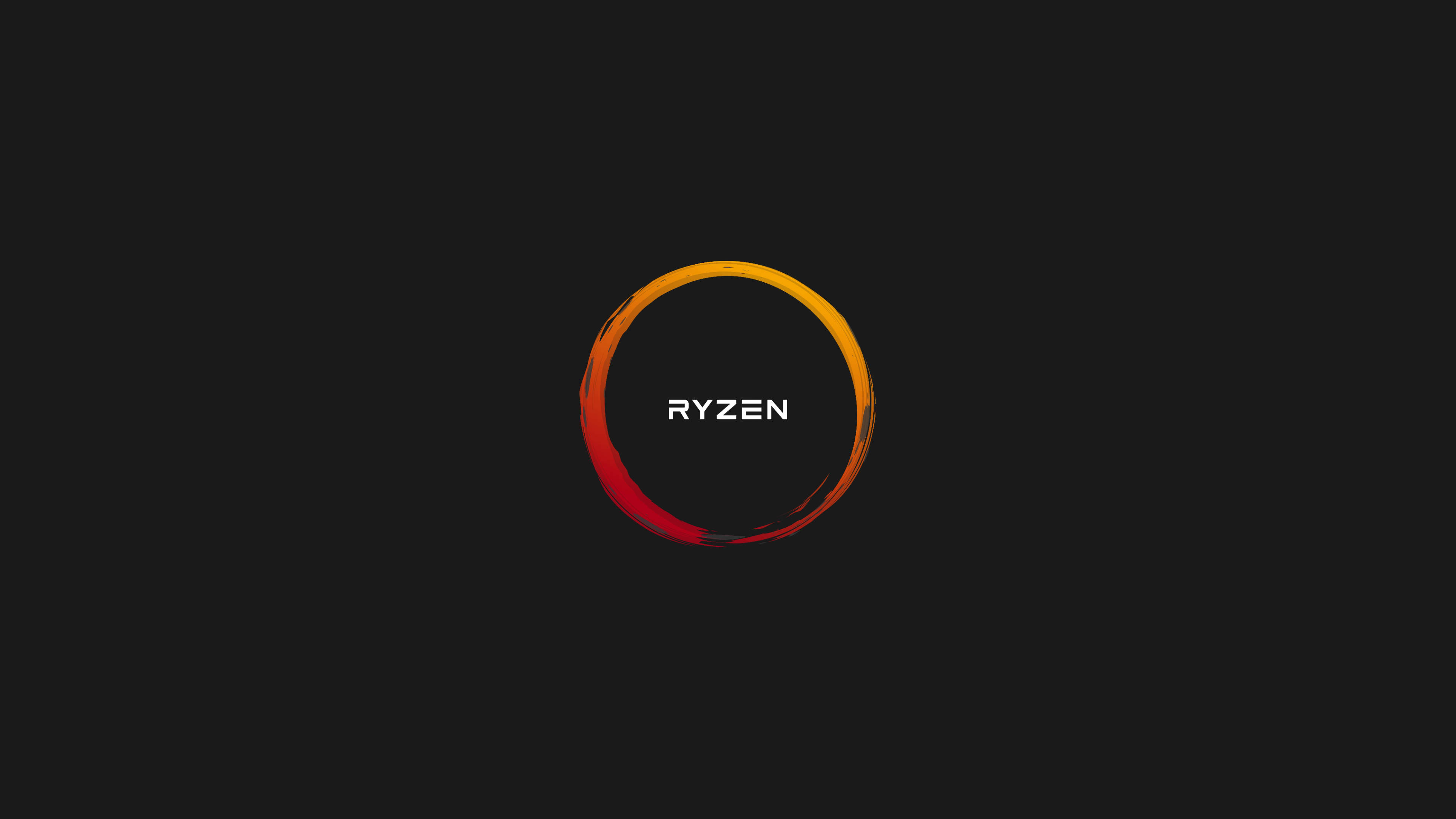 4K 桌布 壁紙 — 一個大膽的火橙色和紅色筆觸圓圈包圍著 Ryzen 這個詞，背景為純黑色。