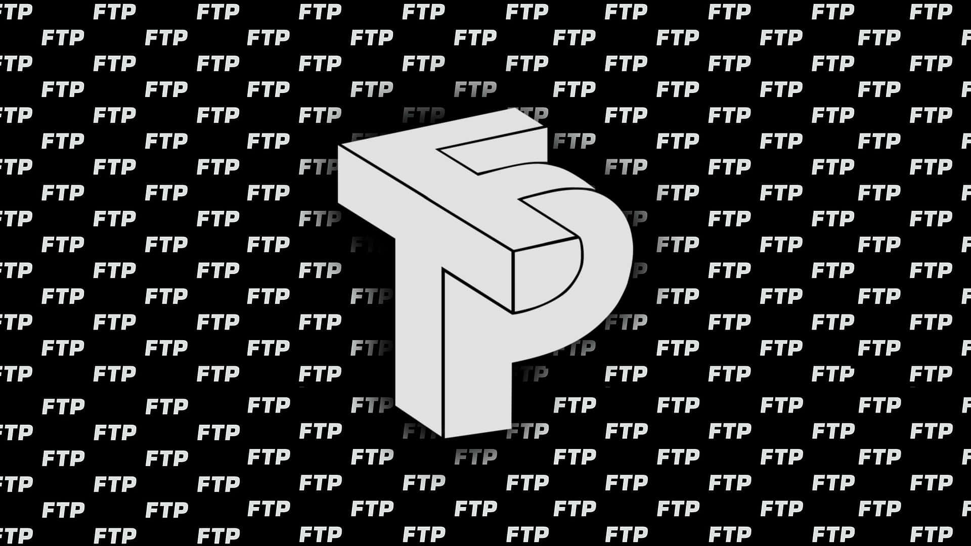 Ftp 桌布 壁紙 — 一個大膽的白色3D字母P在充滿重複白色FTP文字的黑色背景上脫穎而出。