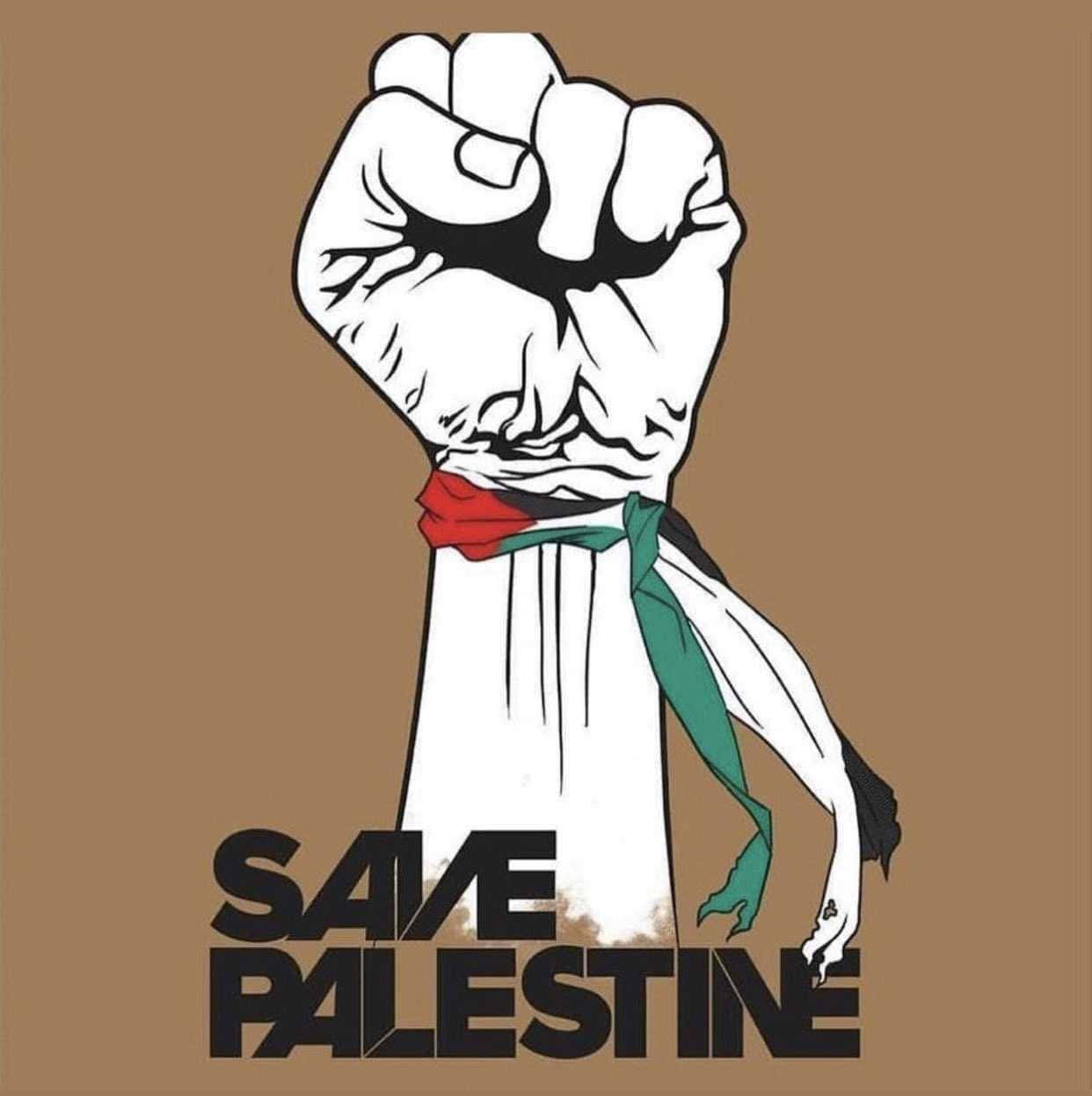 Palestine 桌布 壁紙 — 一個大膽的白色拳頭包裹著巴勒斯坦國旗顏色，在棕色背景上舉起，帶有「SAVE PALESTINE」文字。