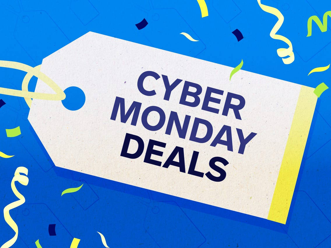Shopping 桌布 壁紙 — 一個大膽的白色標籤，上面有深藍色字體的「CYBER MONDAY DEALS」，漂浮在充滿黃色和綠色五彩紙屑的鮮豔藍色背景上。