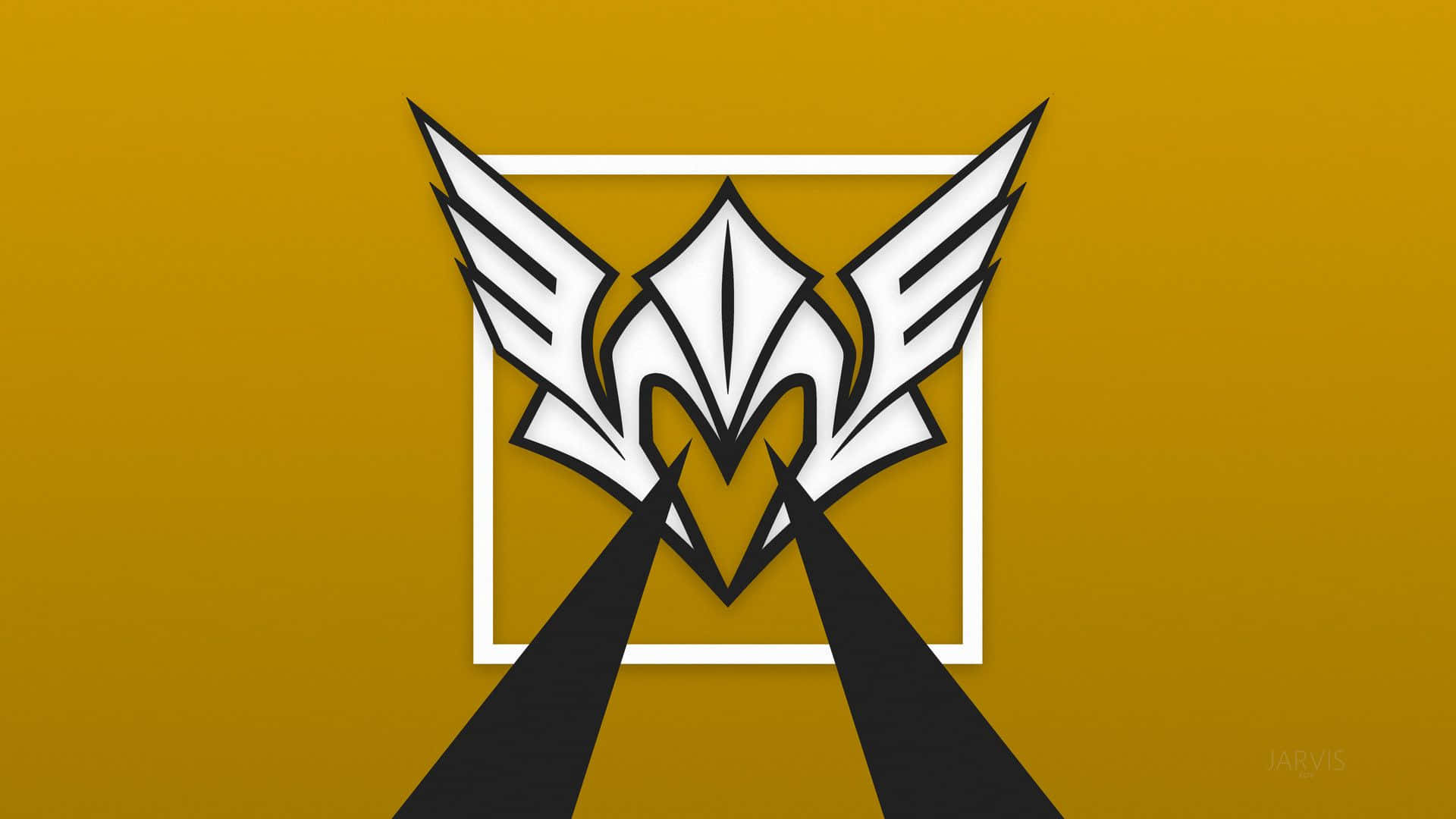 Rainbow Six Siege Valkyrie 桌布 壁紙 — 一個大膽的白色風格化標誌，帶有翅膀形狀和交叉的黑色刀片，居中於白色正方形內，背景為純芥末黃色。