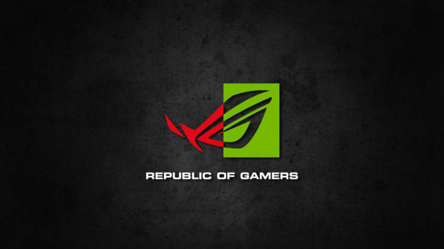 Rog 桌布 壁紙 — 一個大膽的紅綠色 ROG 標誌置中於帶紋理的深灰色背景上，下方有白色文字。