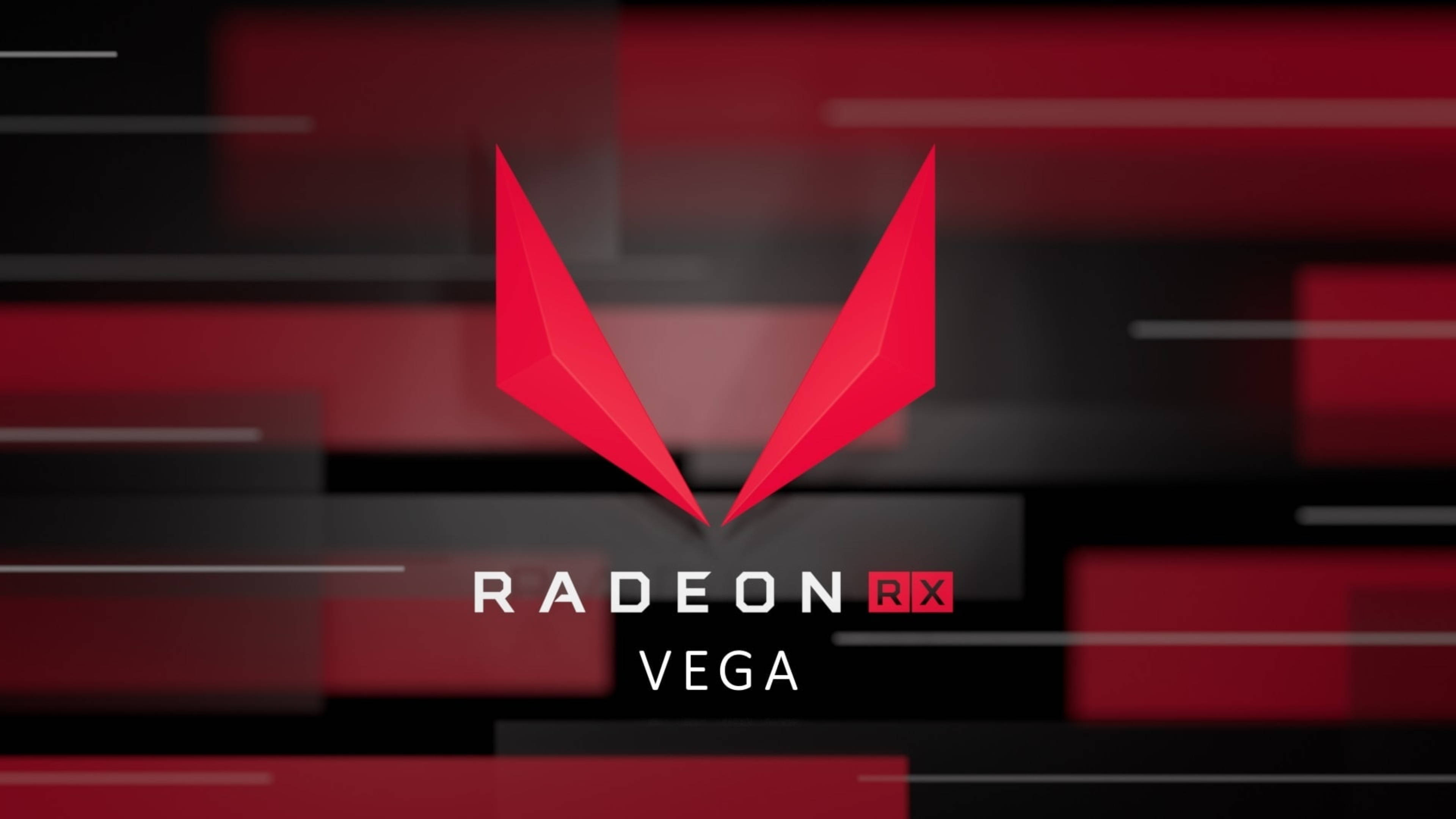 4K 桌布 壁紙 — 一個大膽的紅色 Radeon RX Vega 標誌，居中於由紅色和黑色幾何形狀組成的動態抽象背景上。