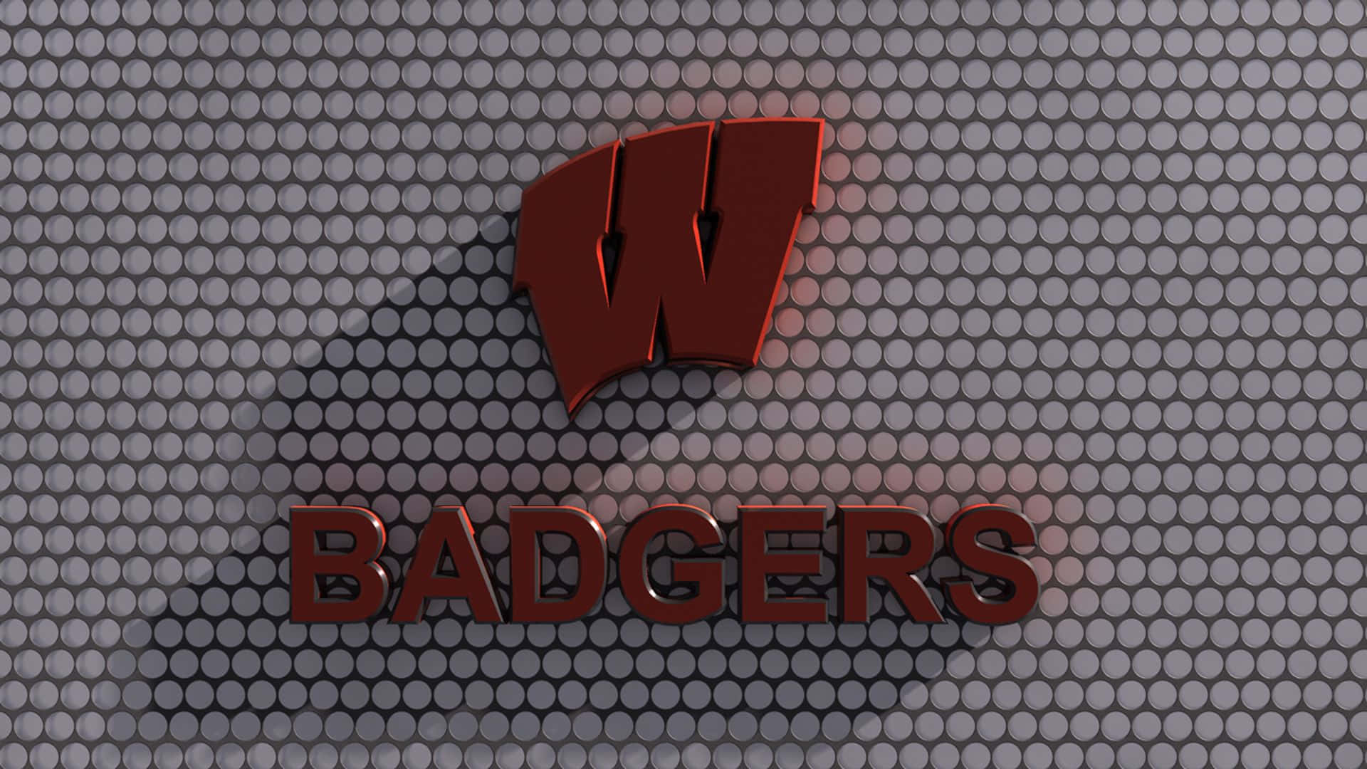 Wisconsin Badgers 桌布 壁紙 — 一個大膽的紅色3D威斯康星獾隊標誌和文字在金屬穿孔牆上投下銳利的陰影。