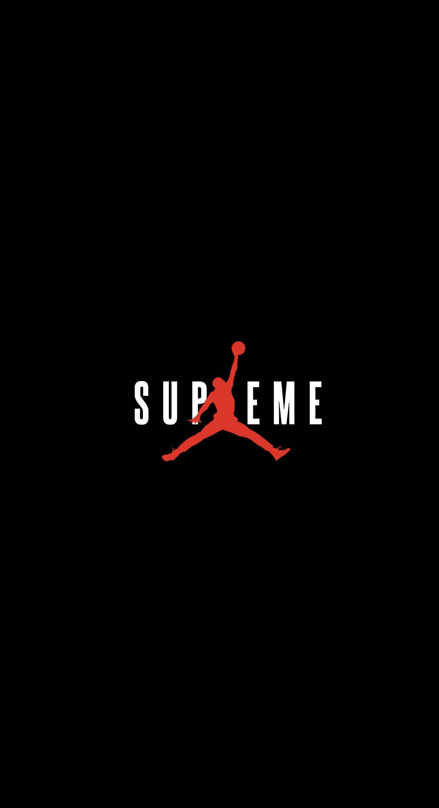 Air Jordan x Dope Supreme 壁紙 — 一個大膽的紅色Jordan Jumpman標誌與白色supreme字樣融合，在純黑背景上突出顯示。