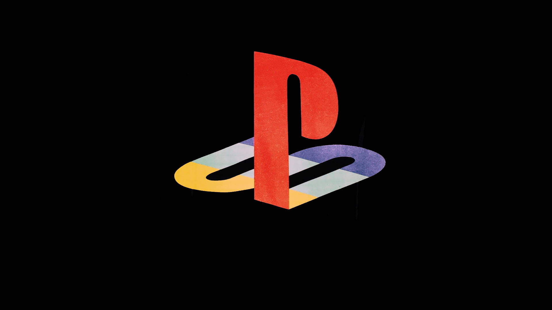 PlayStation 桌布 壁紙 — 一個大膽的紅色PlayStation標誌，配以色彩繽紛的漸變環，在純黑背景上格外突出。