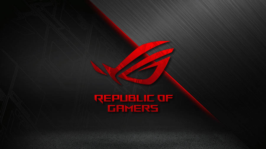 Logo 桌布 壁紙 — 一個大膽的紅色Republic of Gamers標誌在帶有對角光條的時尚黑色紋理背景上發光。