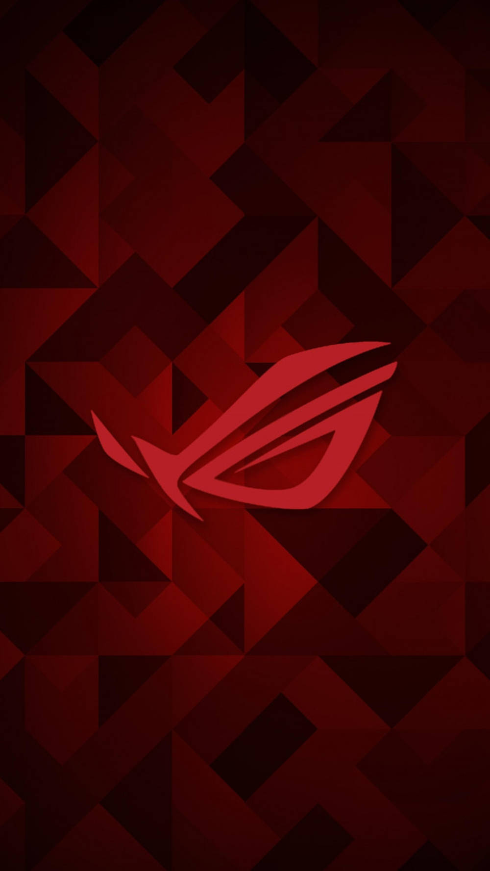 Asus Rog Phone 桌布 壁紙 — 一個大膽的紅色ROG標誌居中在幾何深紅色三角形圖案背景上。