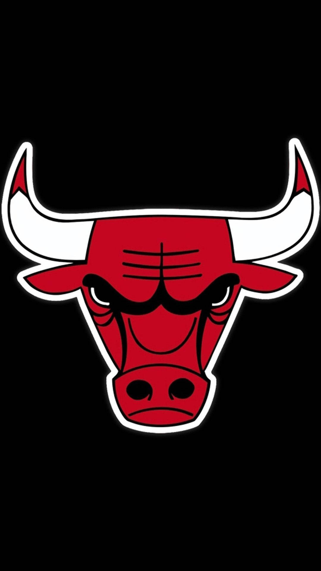 NBA iPhone 桌布 壁紙 — 一個大膽的紅色公牛標誌，帶有白色角和輪廓，在純黑色背景上脫穎而出。