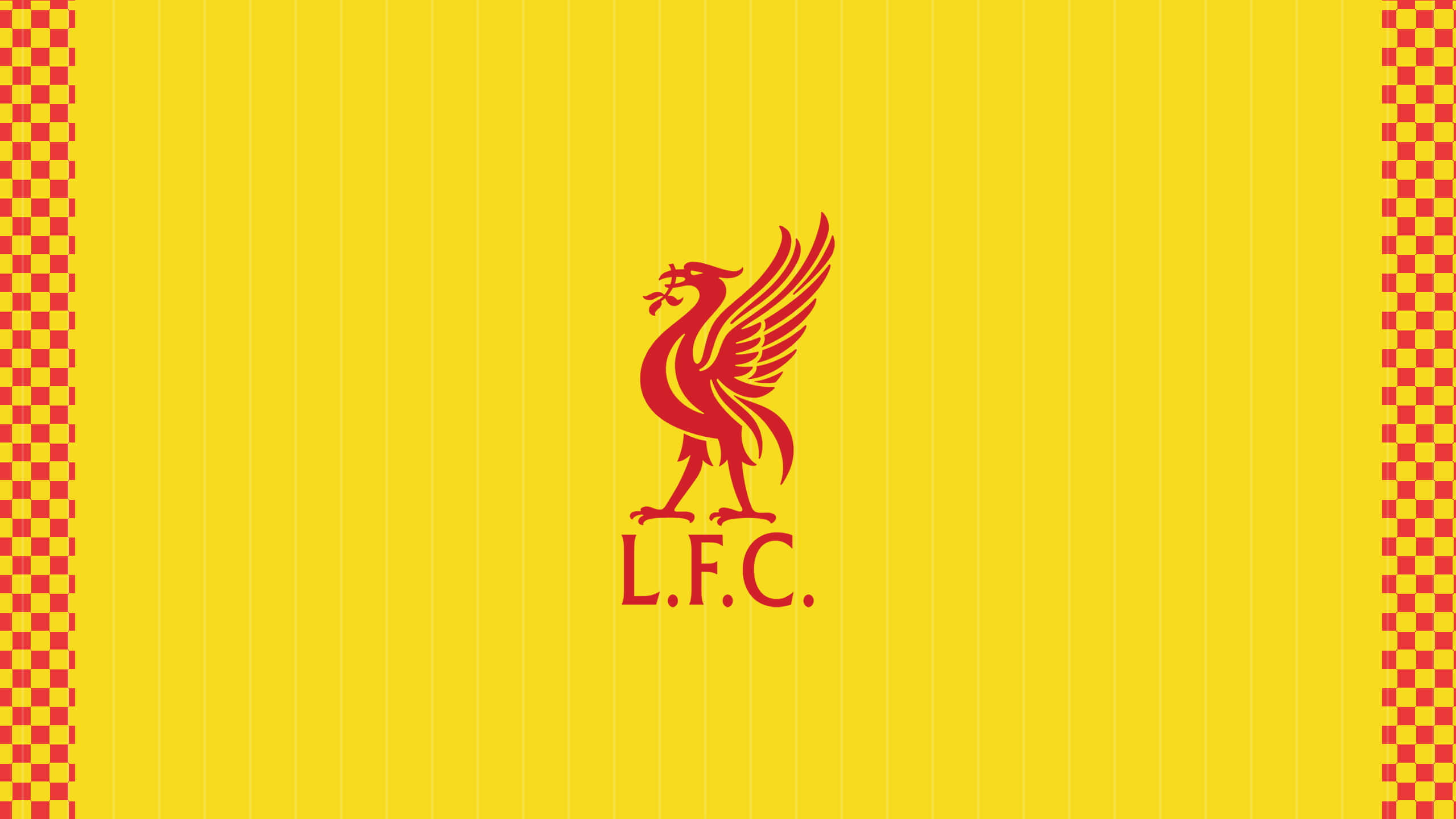 Liverpool Logo 桌布 壁紙 — 一個大膽的紅色利物浦鳥標誌，中央帶有L.F.C.文字，背景為鮮黃色並帶有紅色格仔側邊框。
