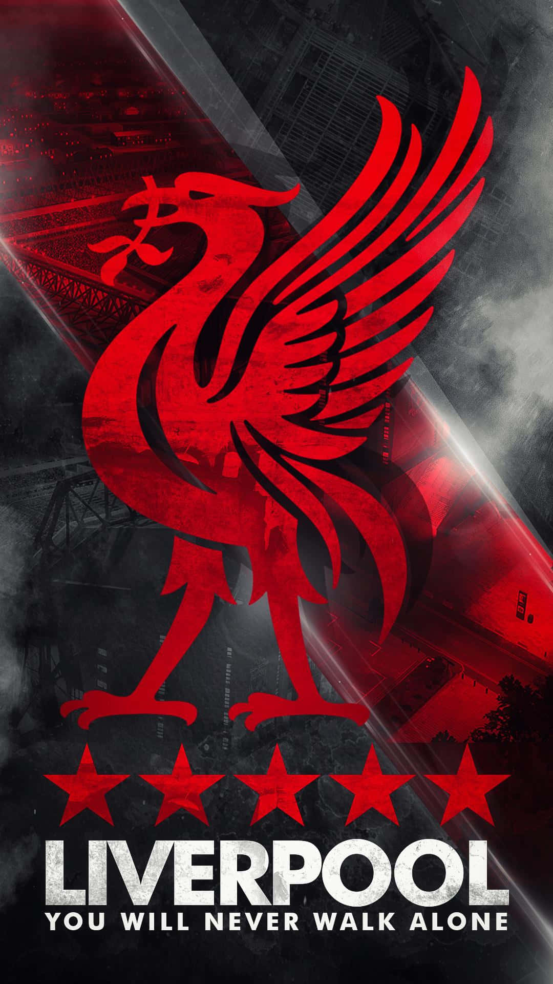 Liverpool Logo 桌布 壁紙 — 一個大膽的紅色利物浦鳥標誌主導著黑暗的球場背景，上面有五顆星和文字Liverpool You Will Never Walk Alone。