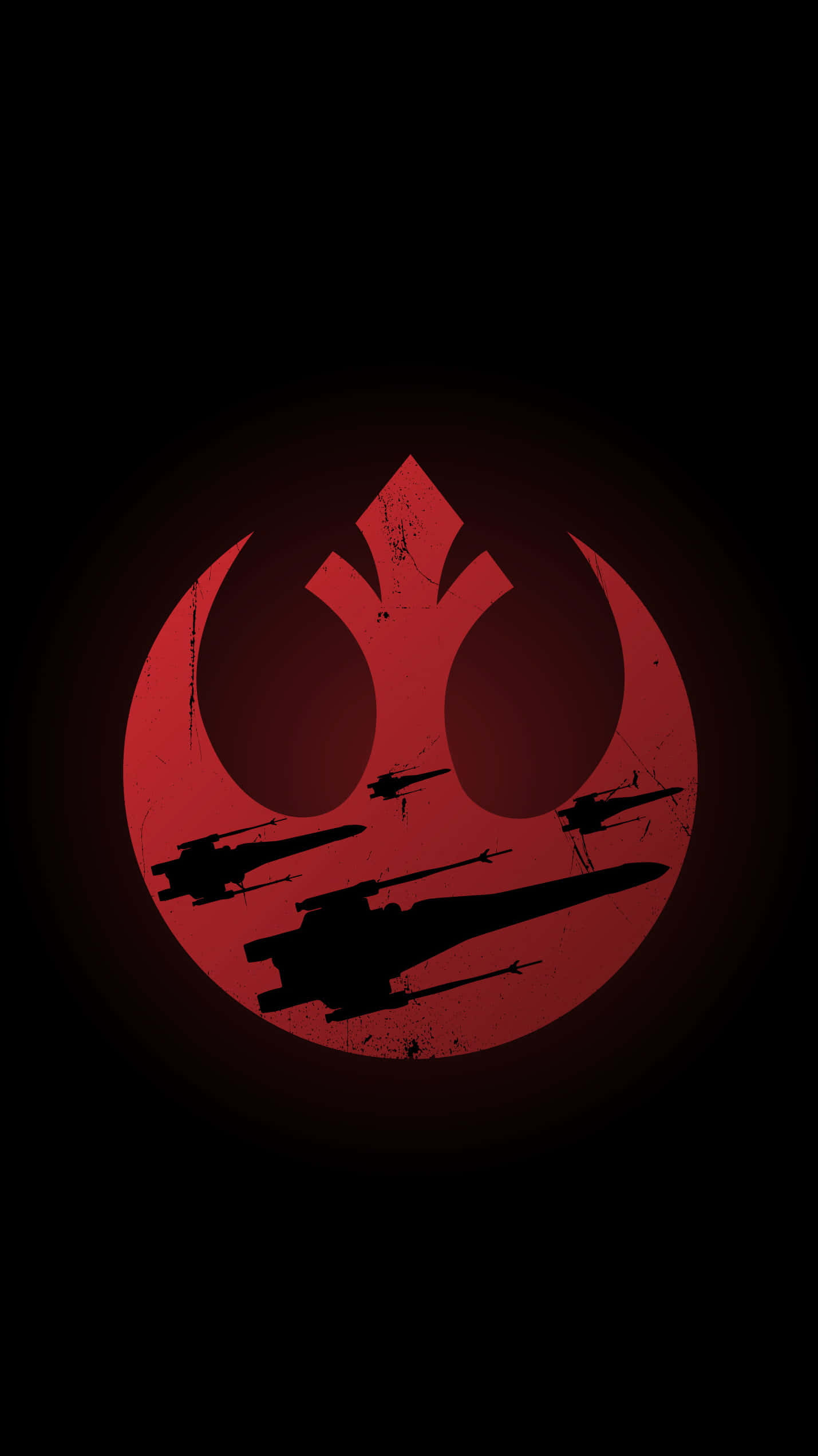 X-wing Fighter 桌布 壁紙 — 一個大膽的紅色反抗軍同盟標誌在黑色背景上發光，其中心有輪廓的星際戰鬥機飛過。