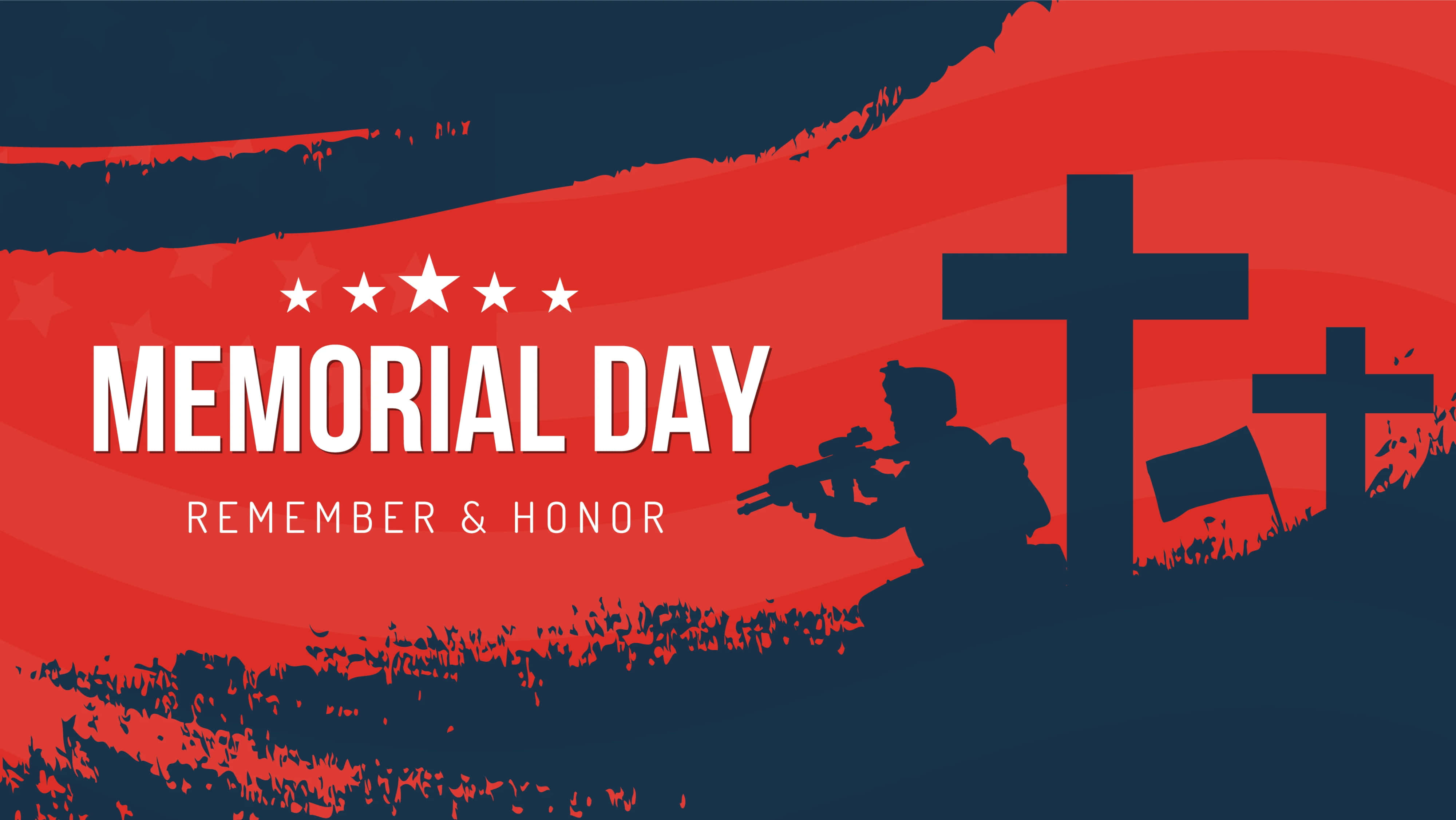 Memorial Day 桌布 壁紙 — 一個大膽的紅色和海軍藍色陣亡將士紀念日圖形，展示了一個士兵剪影旁邊帶有星星和文字的十字架，向陣亡英雄致敬。