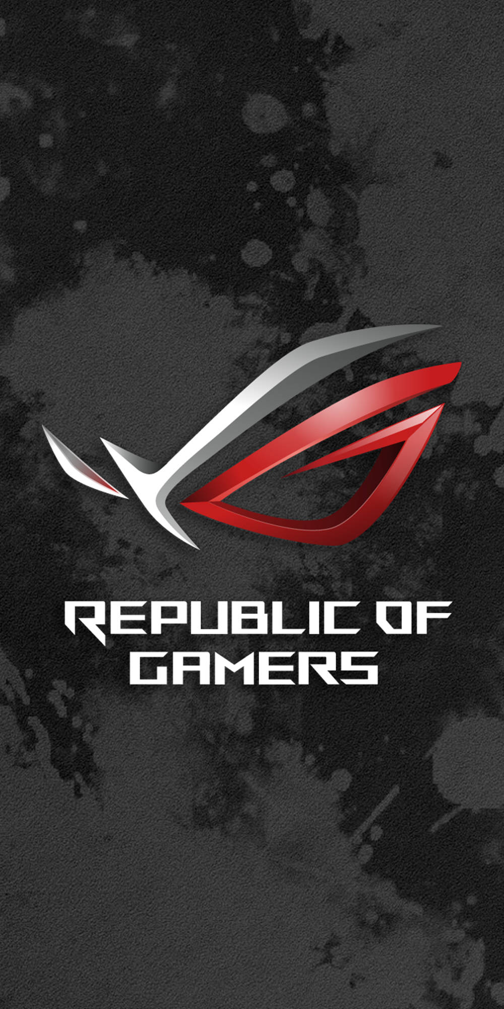 ASUS ROG 桌布 壁紙 — 一個大膽的紅色和銀色 ROG 標誌在深色紋理背景上發光，下方有 Republic of Gamers 文字。