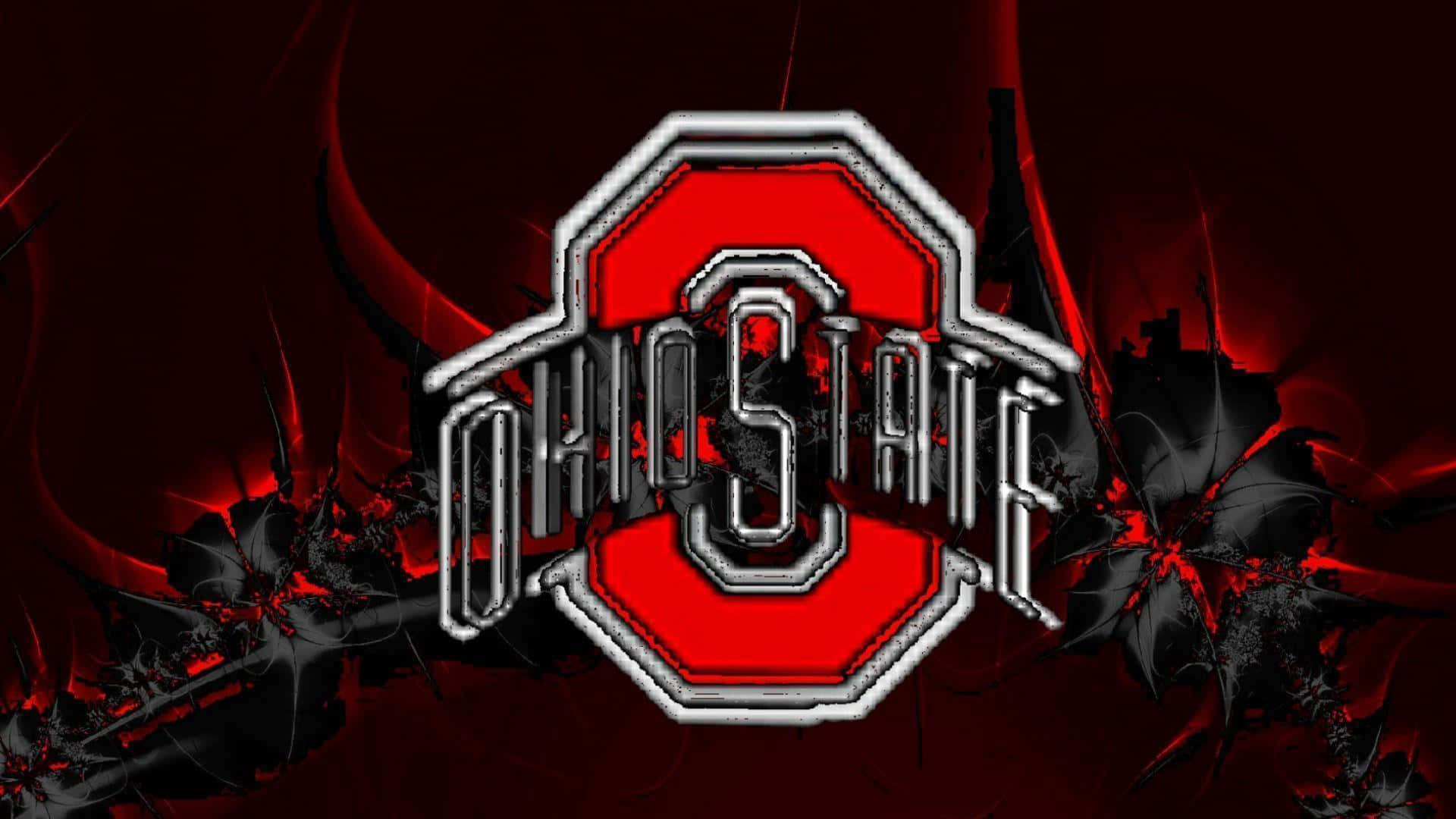 Go Buckeyes！ 壁紙 — 一個大膽的紅色和銀色俄亥俄州立大學標誌，帶有鋸齒狀的黑色和紅色分形圖案，在深色背景上向外輻射。