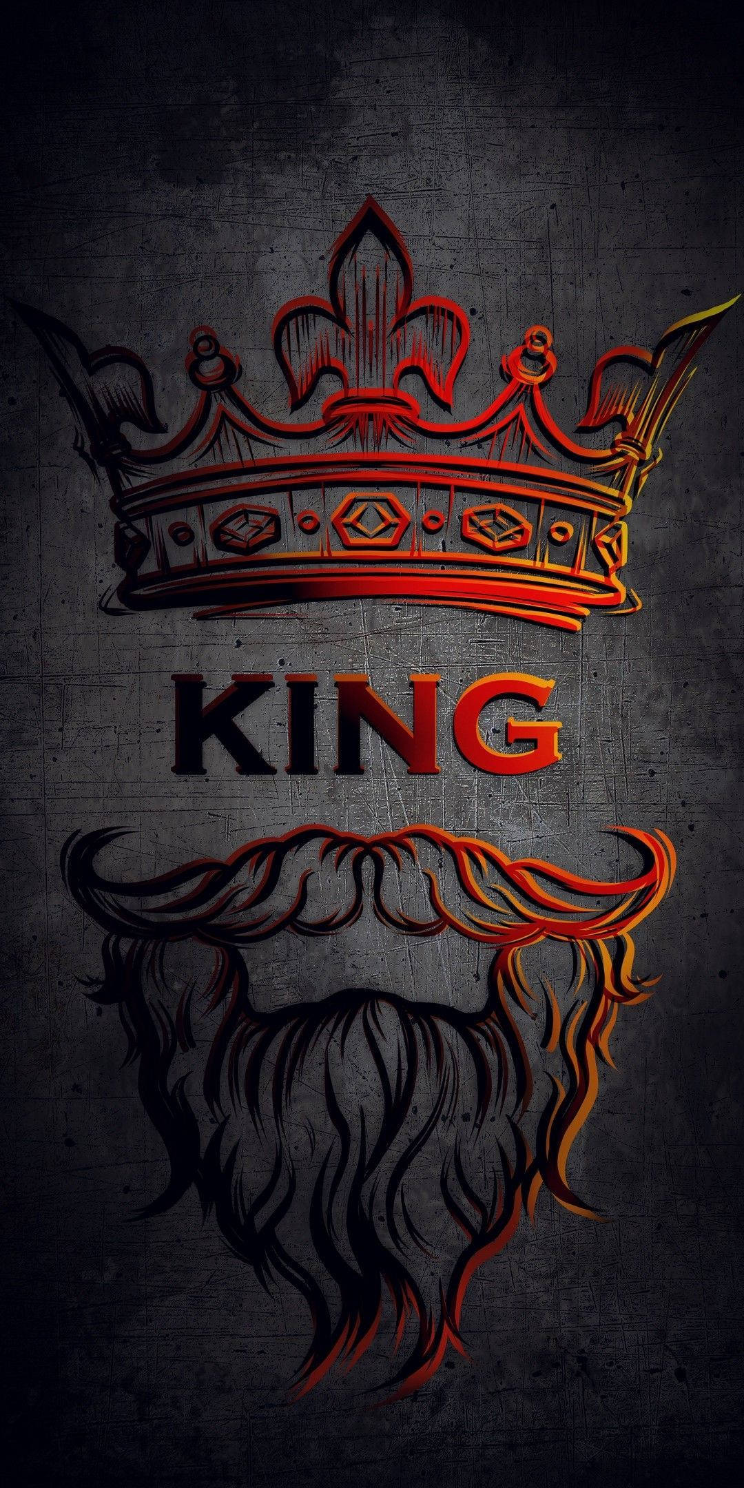 Logo 桌布 壁紙 — 一個大膽的紅色和黑色皇冠和鬍鬚圖案，上面有KING字樣，背景為紋理深灰色。
