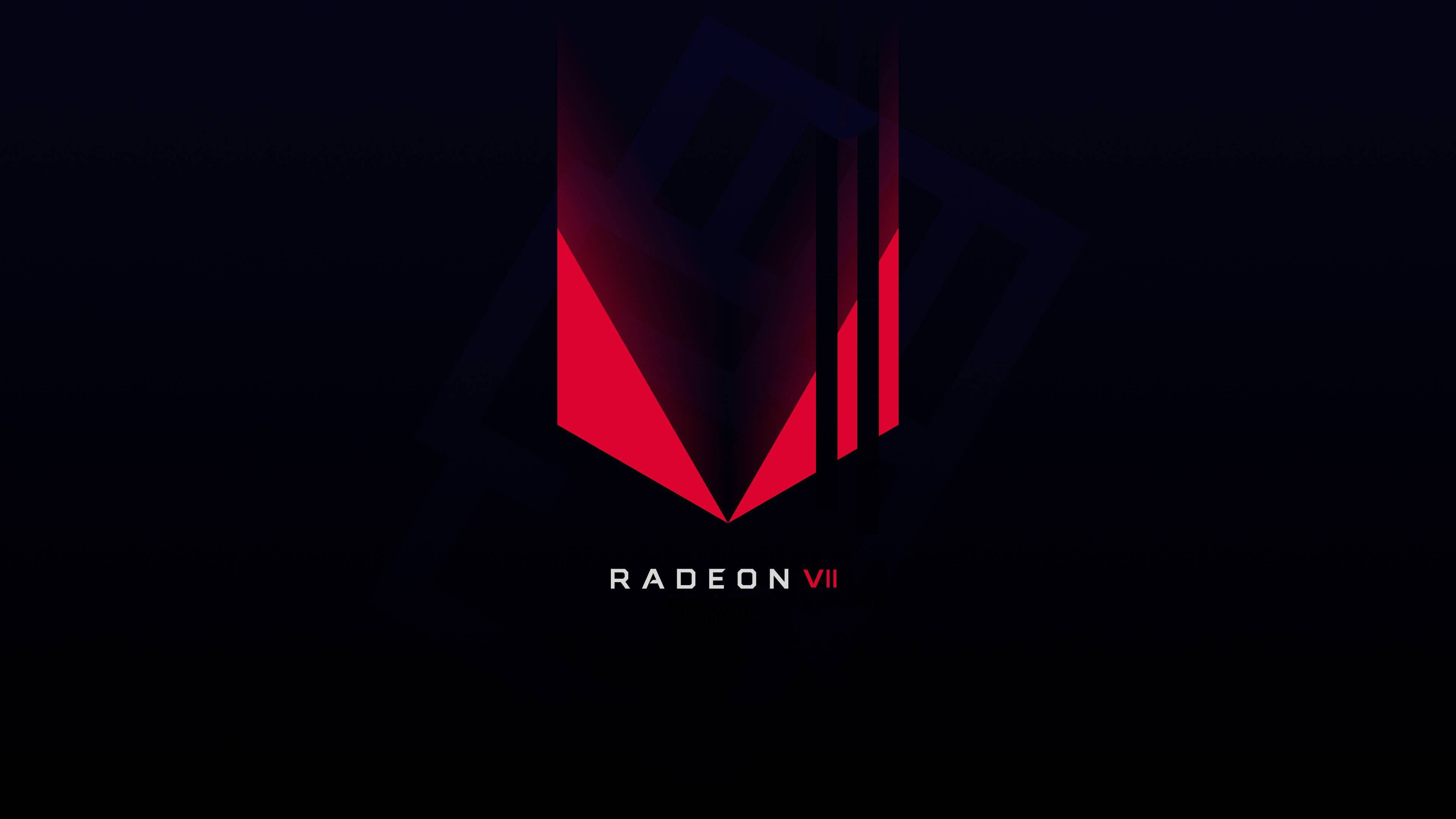 4K 桌布 壁紙 — 一個大膽的紅色幾何 Radeon VII 標誌在深黑色背景上發光，帶有微妙的陰影形狀。