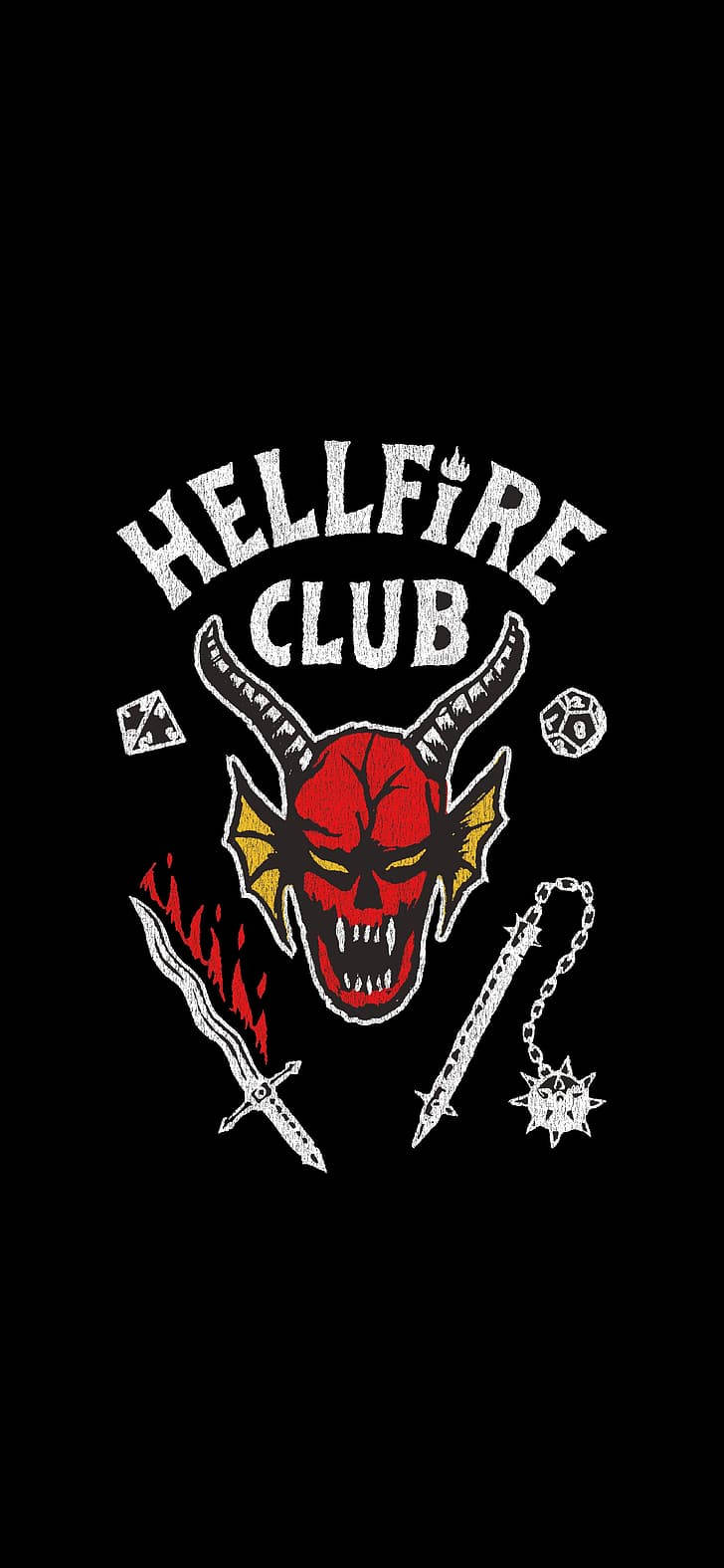 Netflix 桌布 壁紙 — 一個大膽的紅色惡魔頭骨，帶有角和尖牙，位於「HELLFIRE CLUB」文字下方，周圍環繞著武器和骰子，背景為黑色。