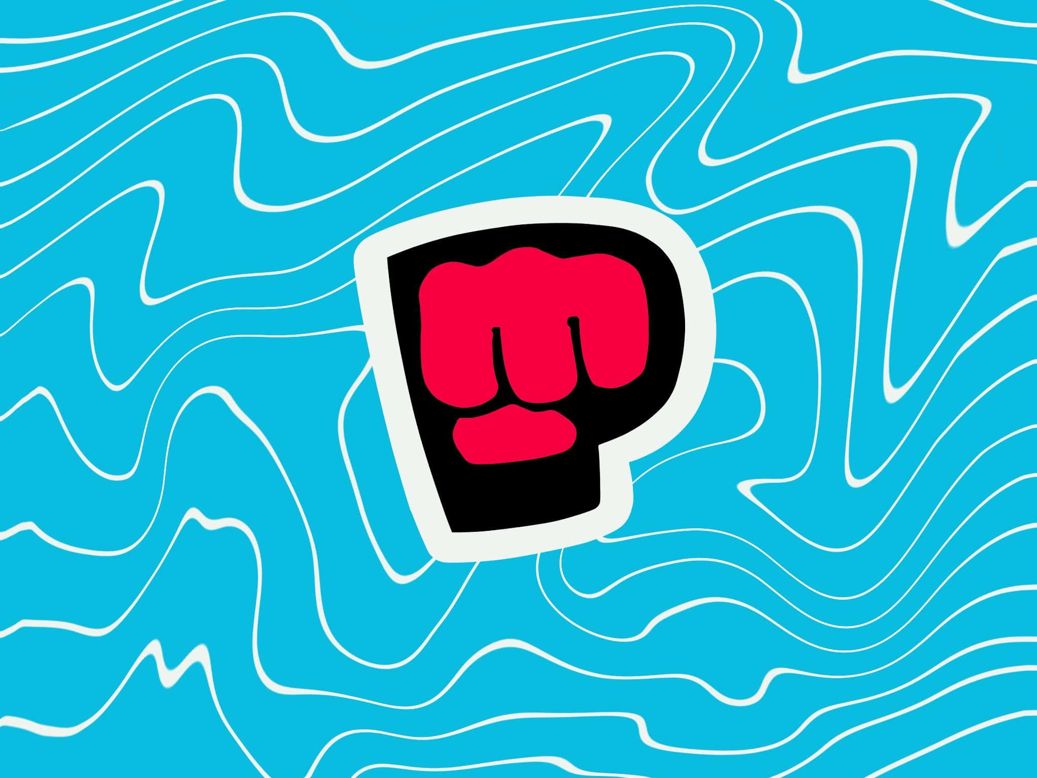 PewDiePie 桌布 壁紙 — 一個大膽的紅色拳頭圖標，帶有黑色輪廓和白色邊框，在帶有流動白色波浪線的鮮豔藍色背景上脫穎而出。