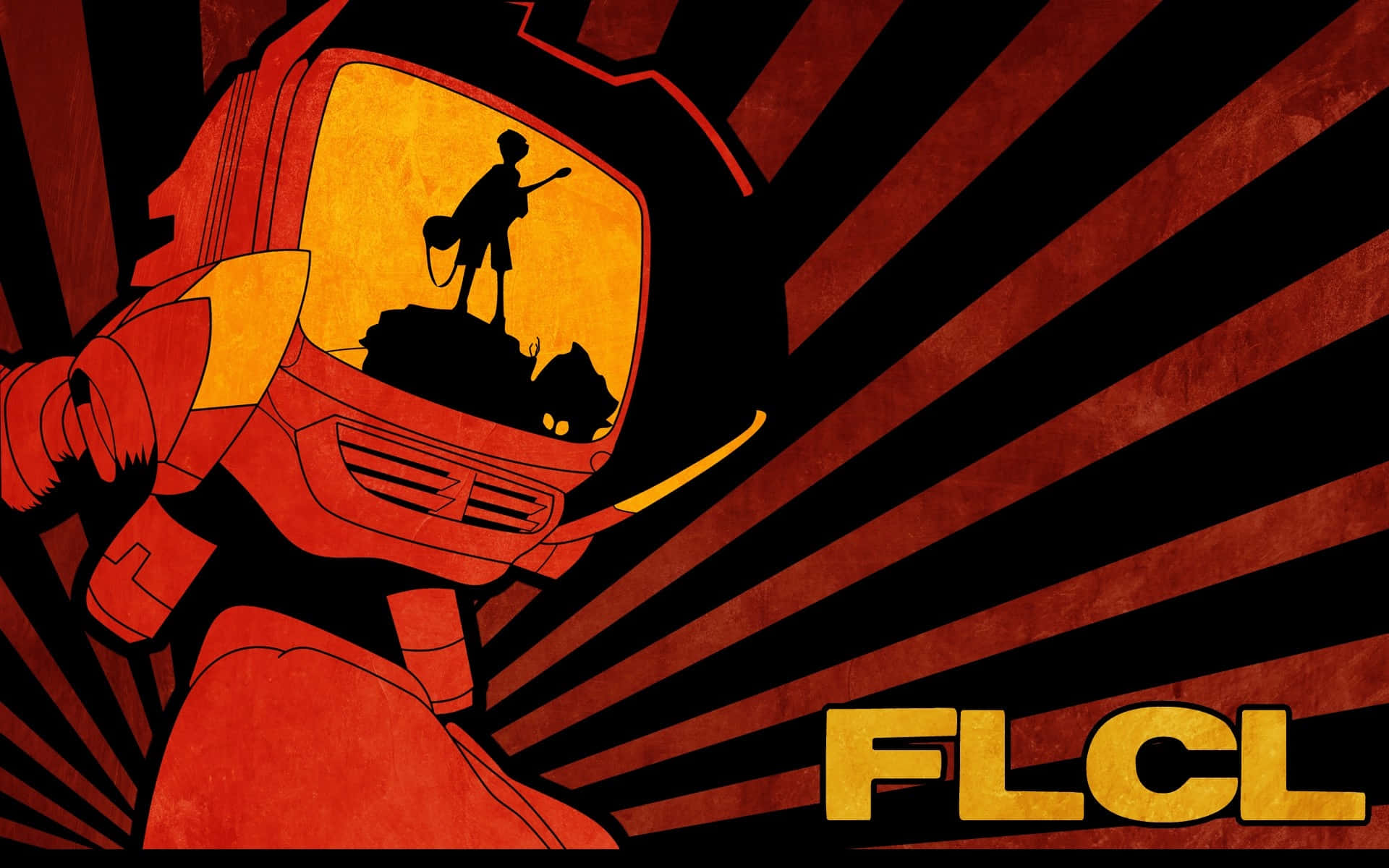 Flcl Canti 桌布 壁紙 — 一個大膽的紅色機械人頭盔，帶有發光的黃色面罩，在輻射的紅色和黑色背景上顯示一個男孩站在生物上的剪影。