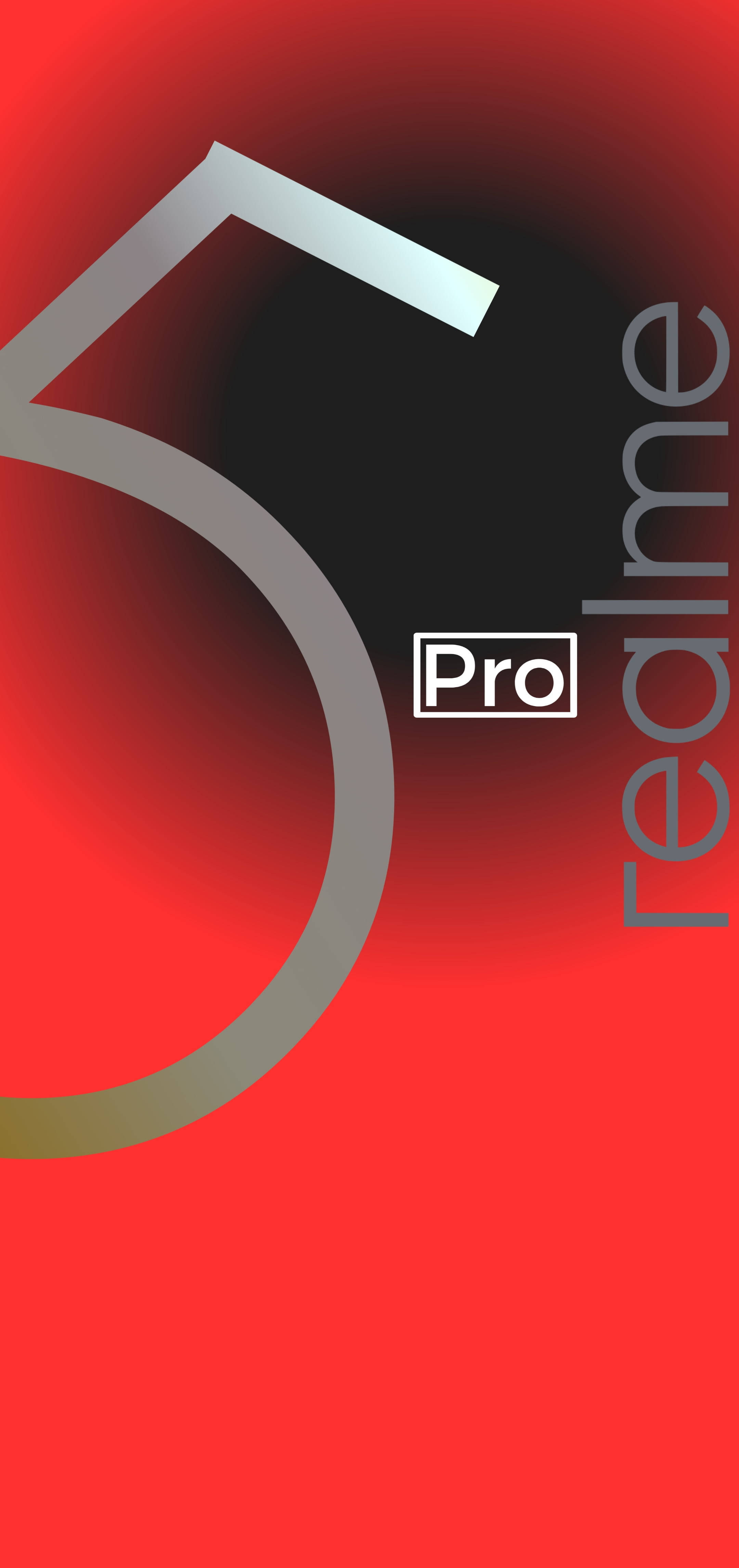 Realme Logo 5 Pro 壁紙 — 一個大膽的紅色漸變背景，以時尚的灰色字體展示一個大型風格化的數字五，並帶有 'realme Pro' 文字。