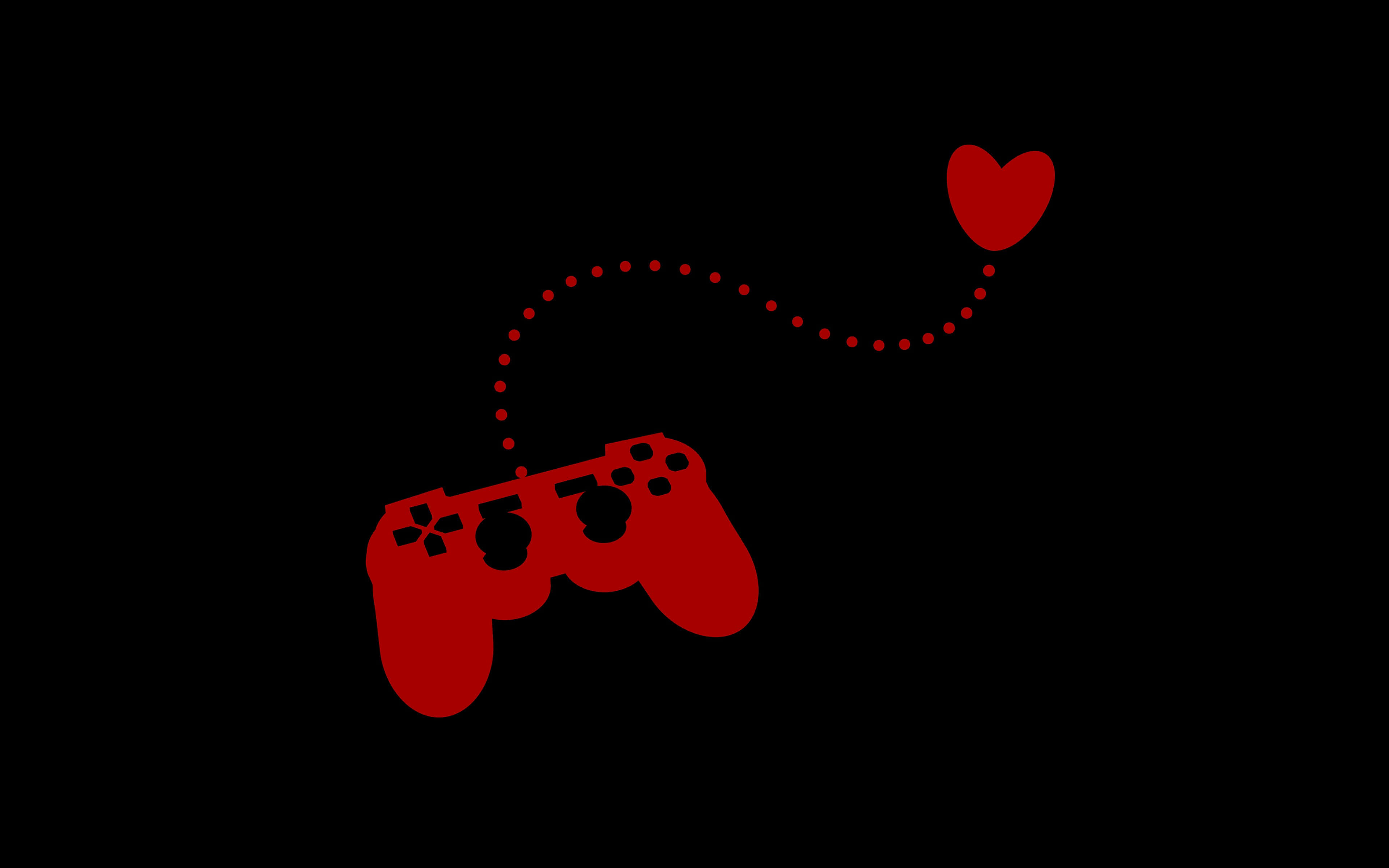 4K Gaming Consoles 桌布 壁紙 — 一個大膽的紅色遊戲控制器發出一條虛線，引向一個心形，背景是純黑色。
