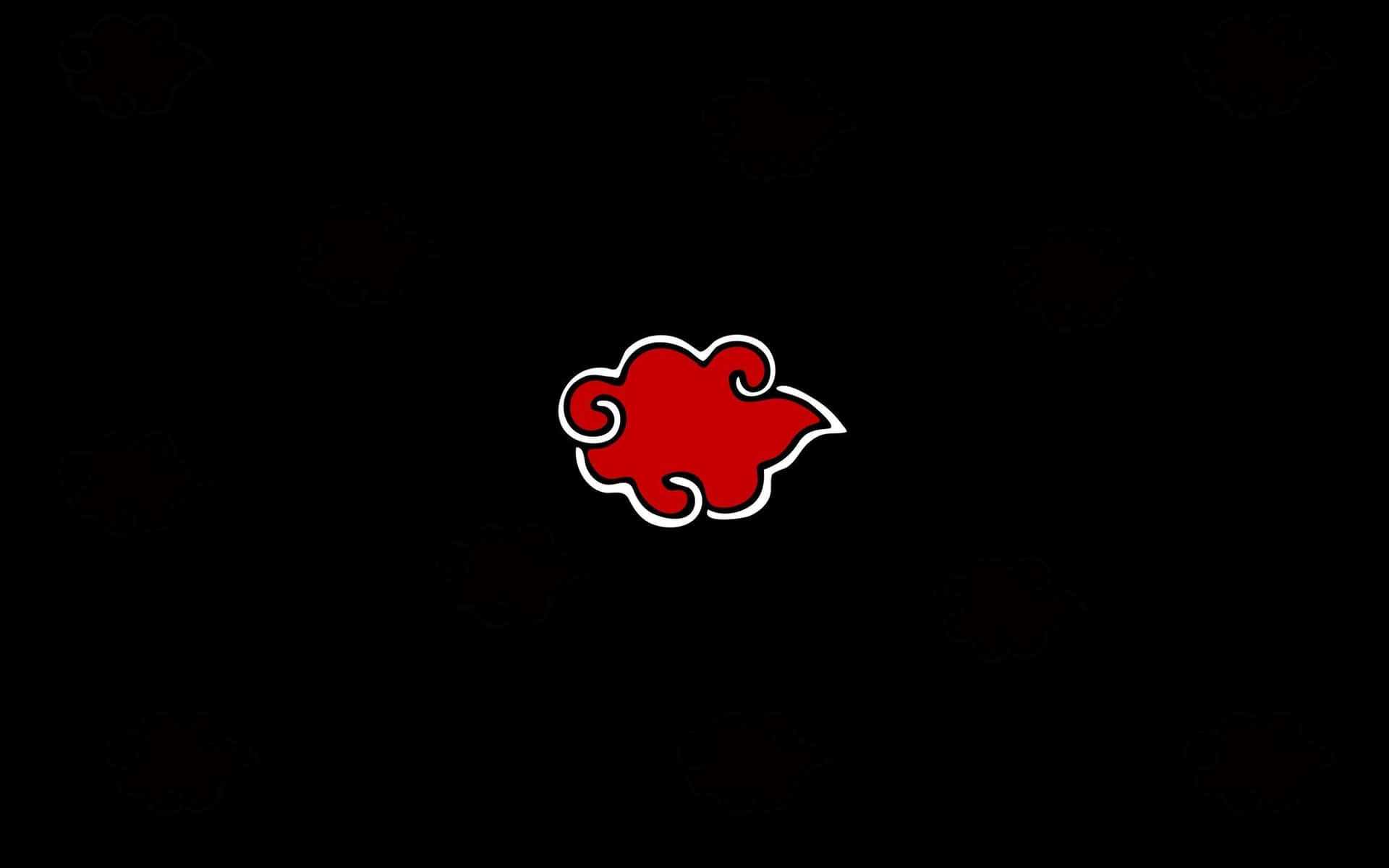 Akatsuki Symbol 桌布 壁紙 — 一個大膽的紅色雲朵符號，帶有白色輪廓，居中在黑色背景上，帶有微弱的重複圖案。