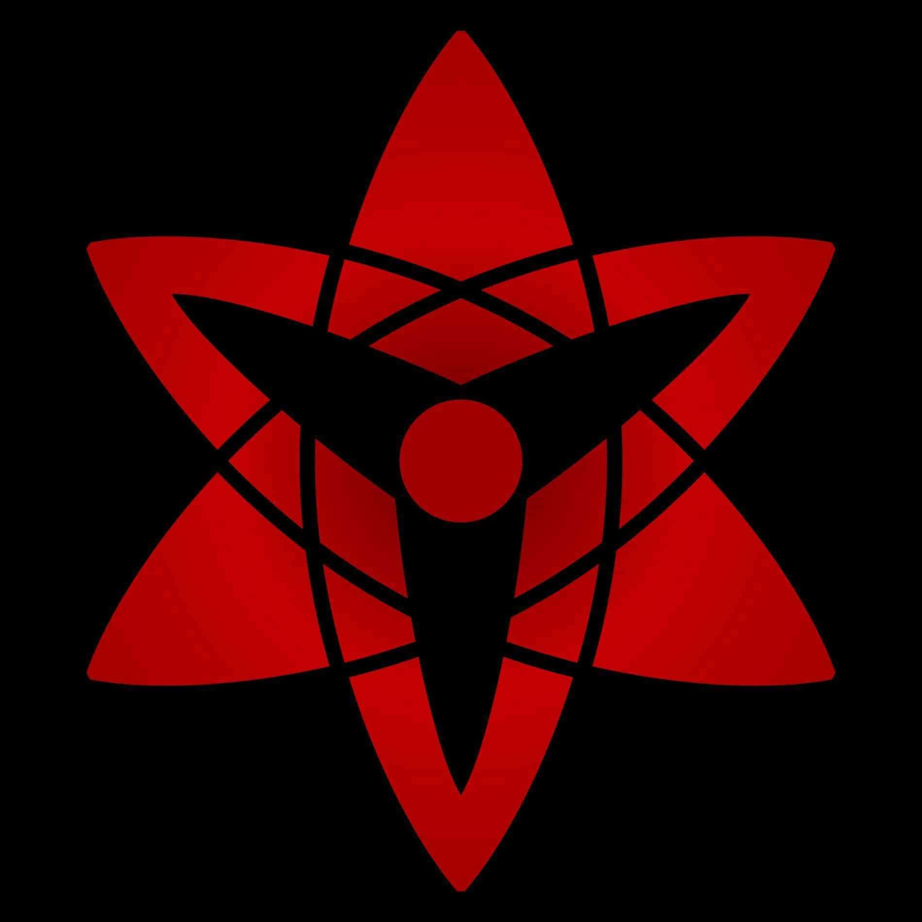 Mangekyou Sharingan 桌布 壁紙 — 一個大膽的紅色風格化星星，帶有相交的黑色線條和一個中央圓圈，置於純黑色背景上。