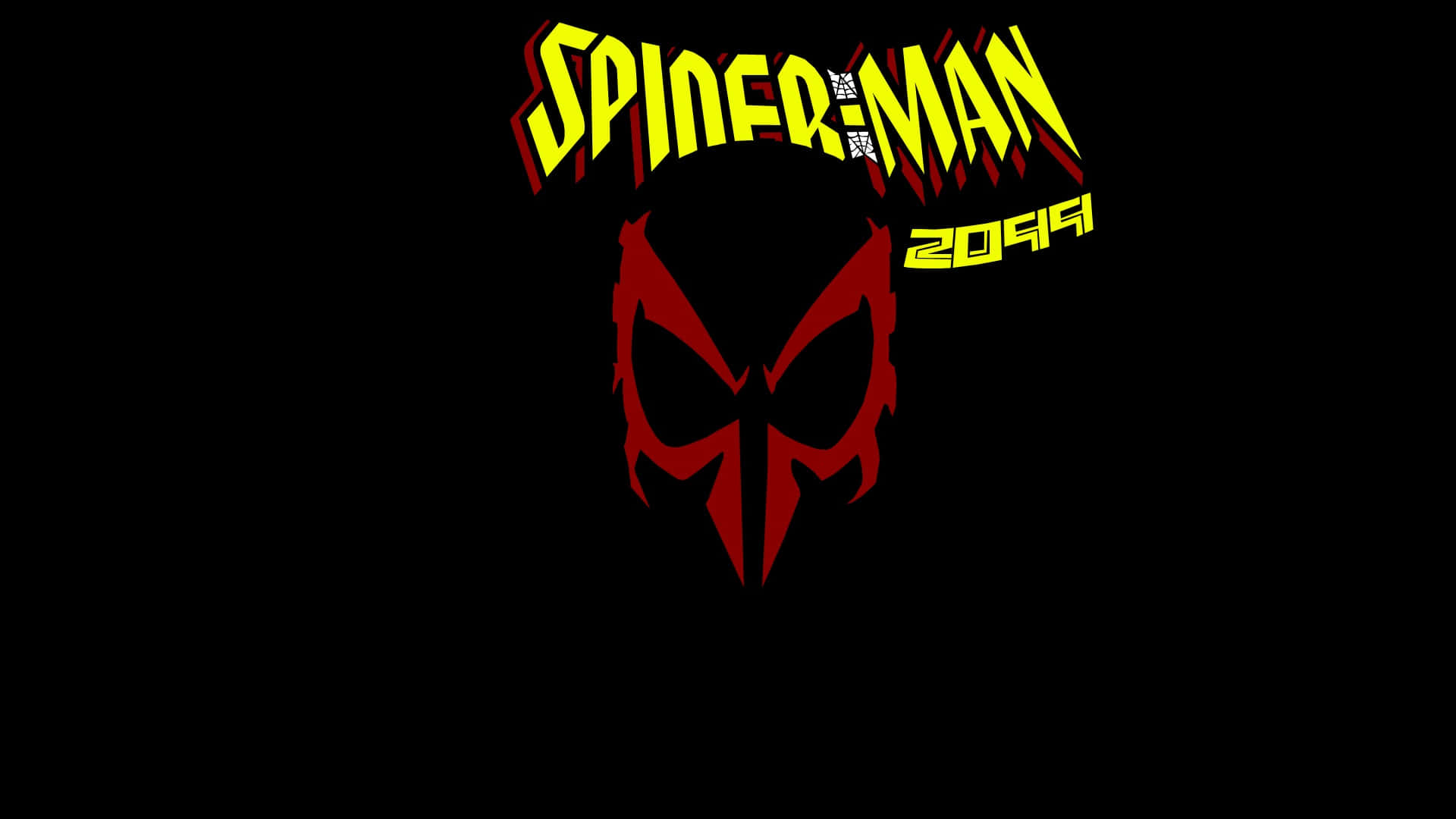Spider Man 2099 桌布 壁紙 — 一個大膽的紅色骷髏標誌，帶有黃色 'SPIDER-MAN 2099' 文字，在黑色背景上發光。