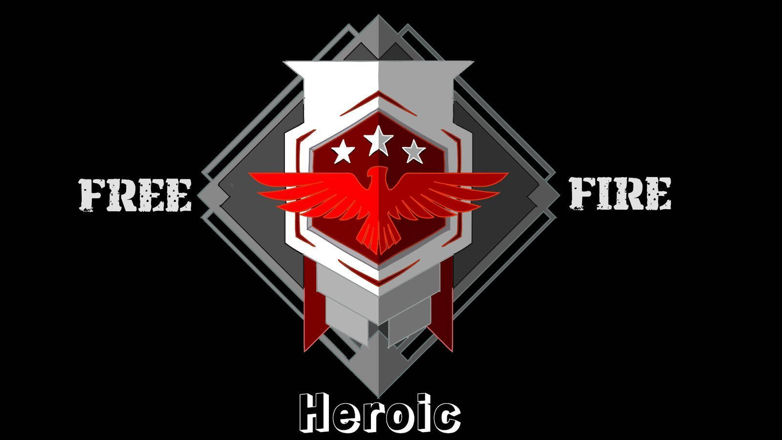 Hero 桌布 壁紙 — 一個大膽的紅色鷹徽章，在幾何銀色盾牌上有三顆星，黑色背景上帶有「FREE FIRE Heroic」文字。