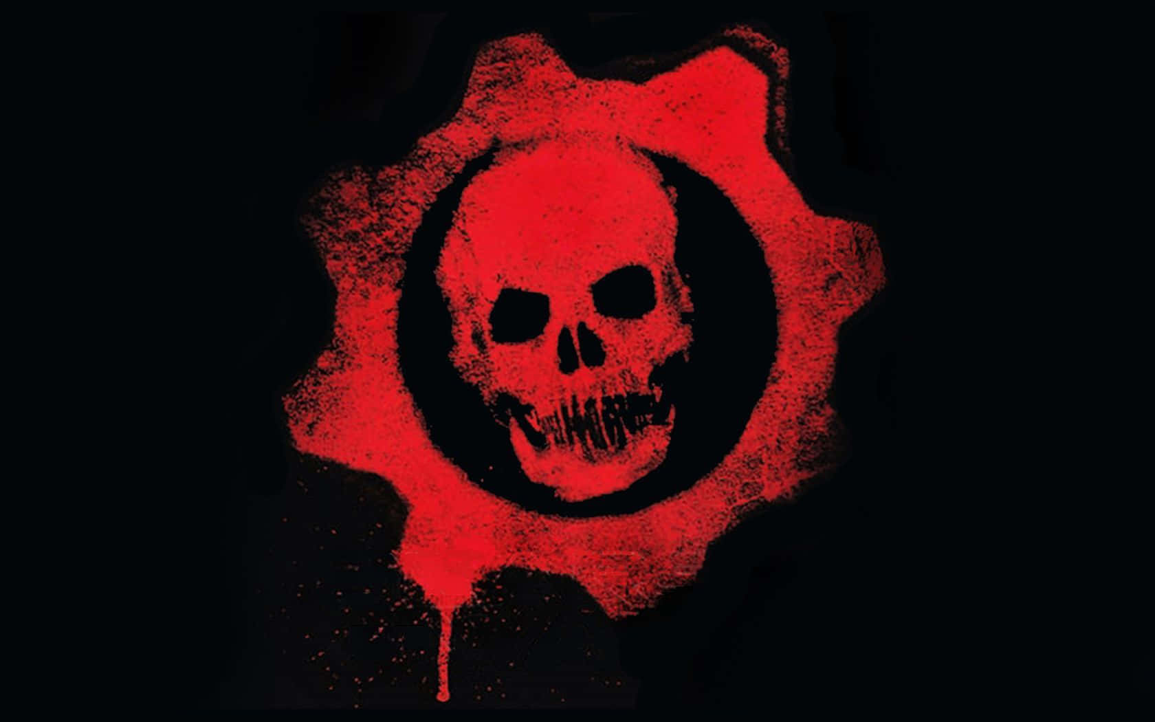Dark Emo 桌布 壁紙 — 一個大膽的紅色齒輪，中心有一個骷髏頭，在黑色背景上滴著血。